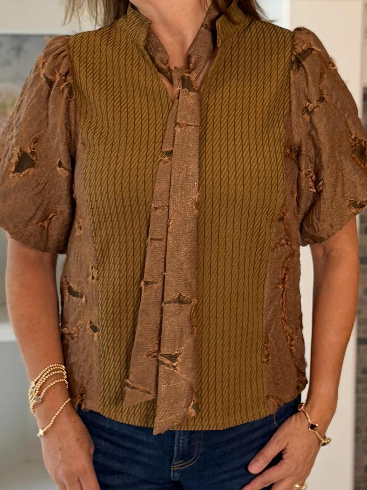 Textured Elegance Tie Blouse