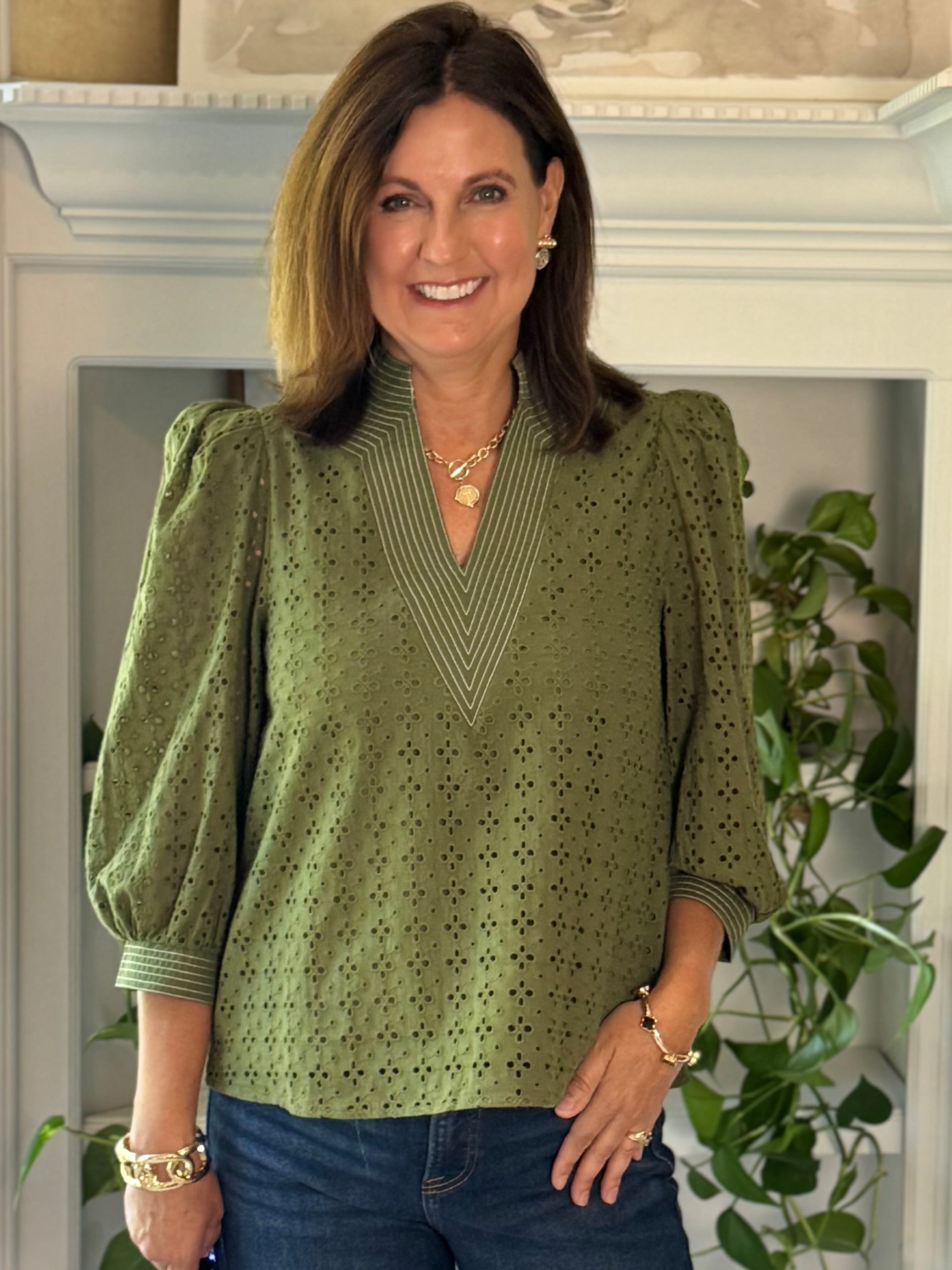 Olive Allure Eyelet Top
