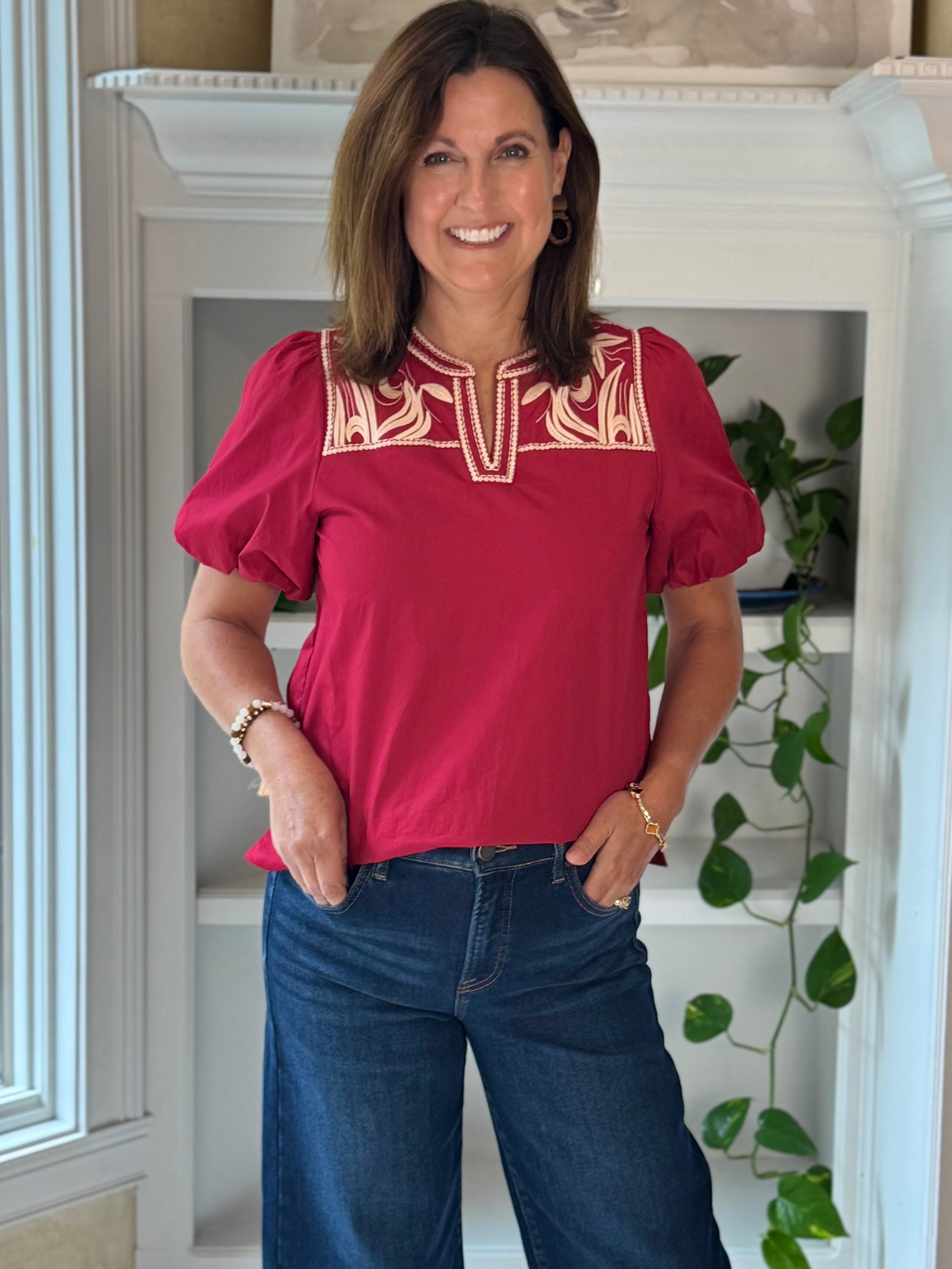 Autumn Ember Embroidered Top - Wine