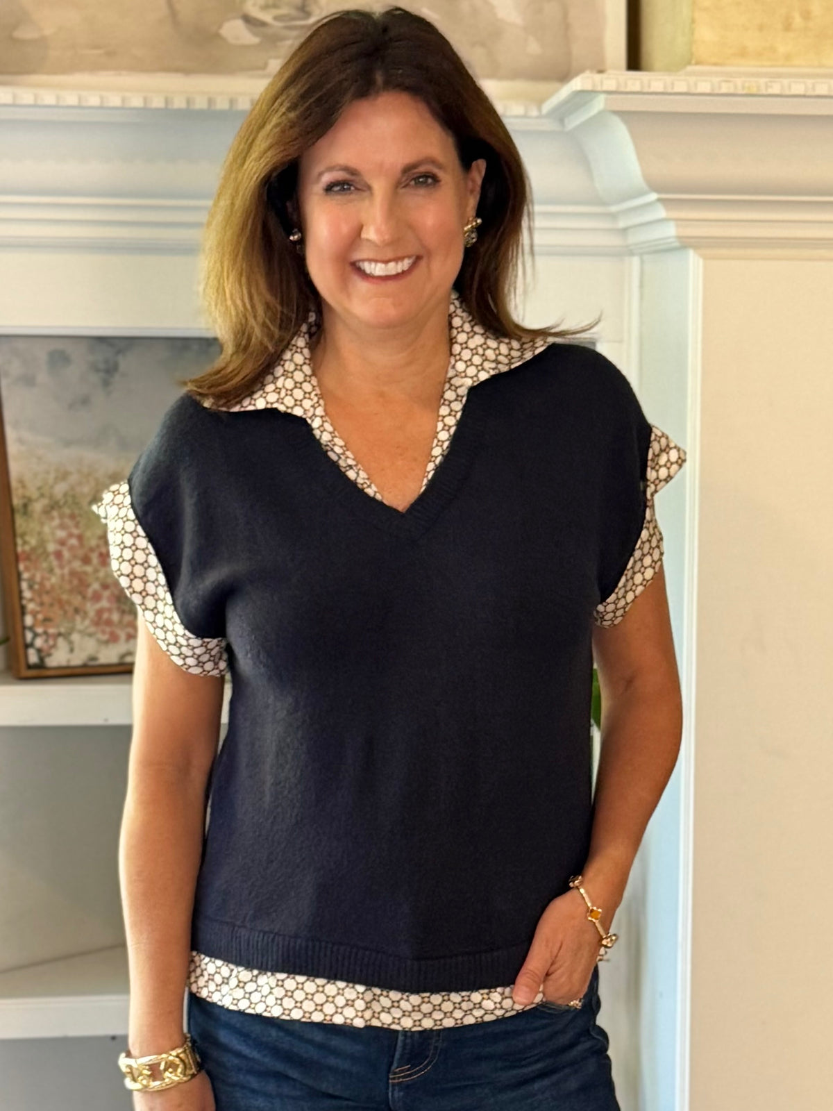 THML Peek of Print Knit Top - Navy