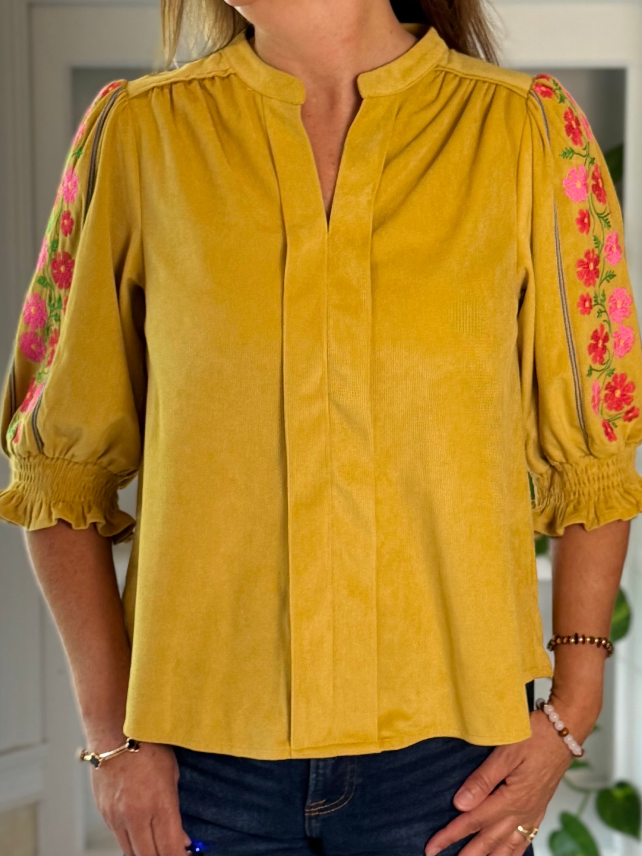 Flower Trail Embroidered Corduroy Top