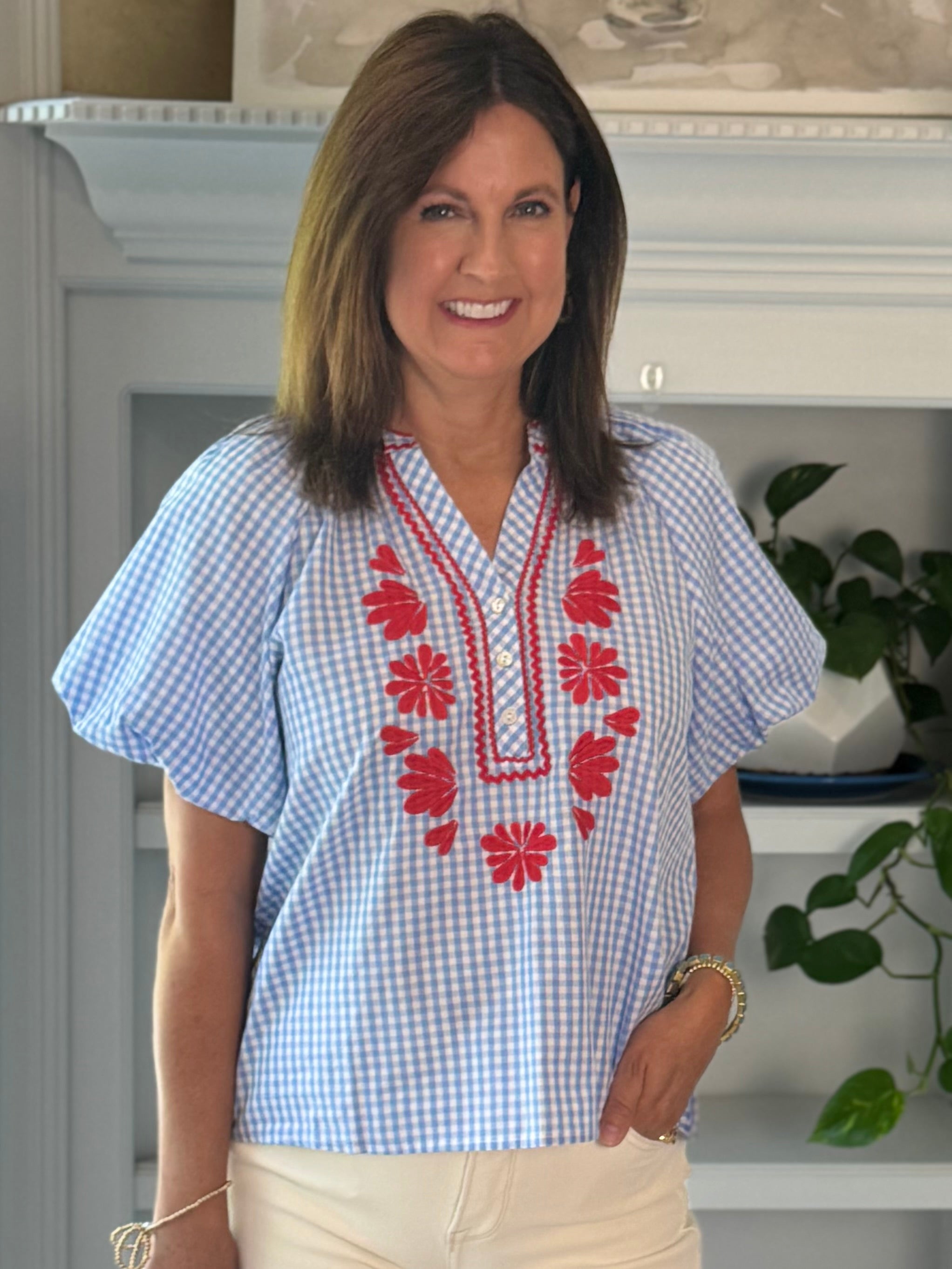 Summer Classic Gingham Embroidered Top - Blue