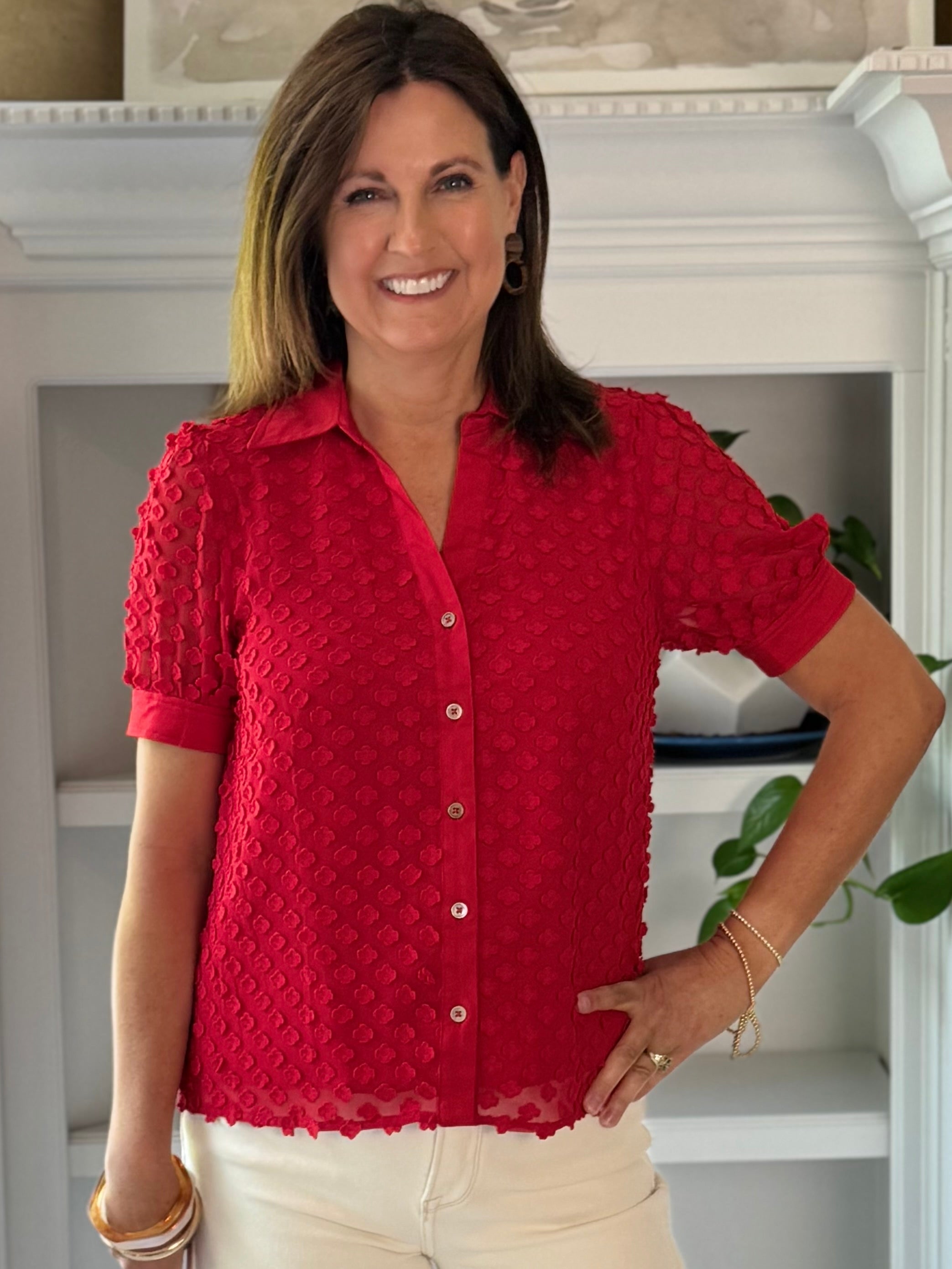 Current Air Striking Red Textured Blouse