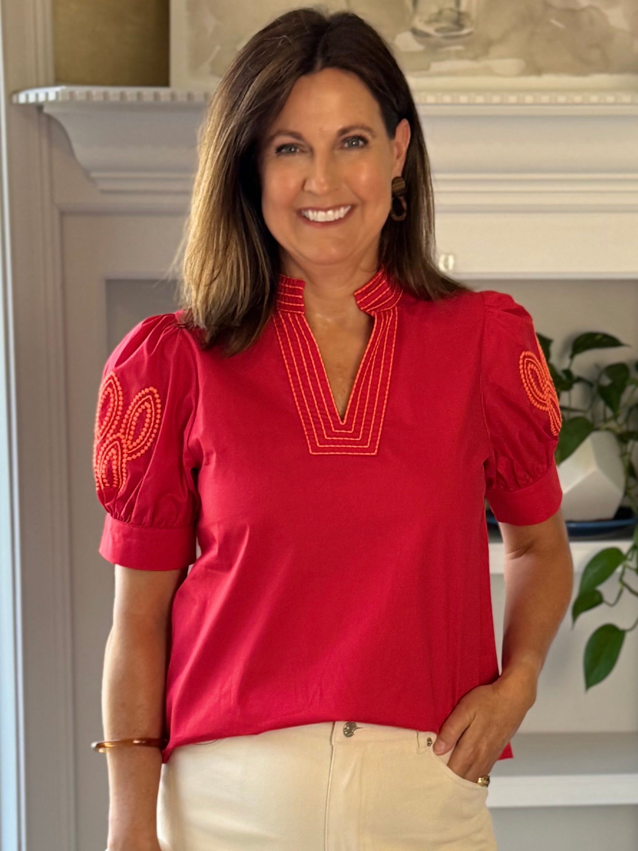 Statement Red Embroidered Top