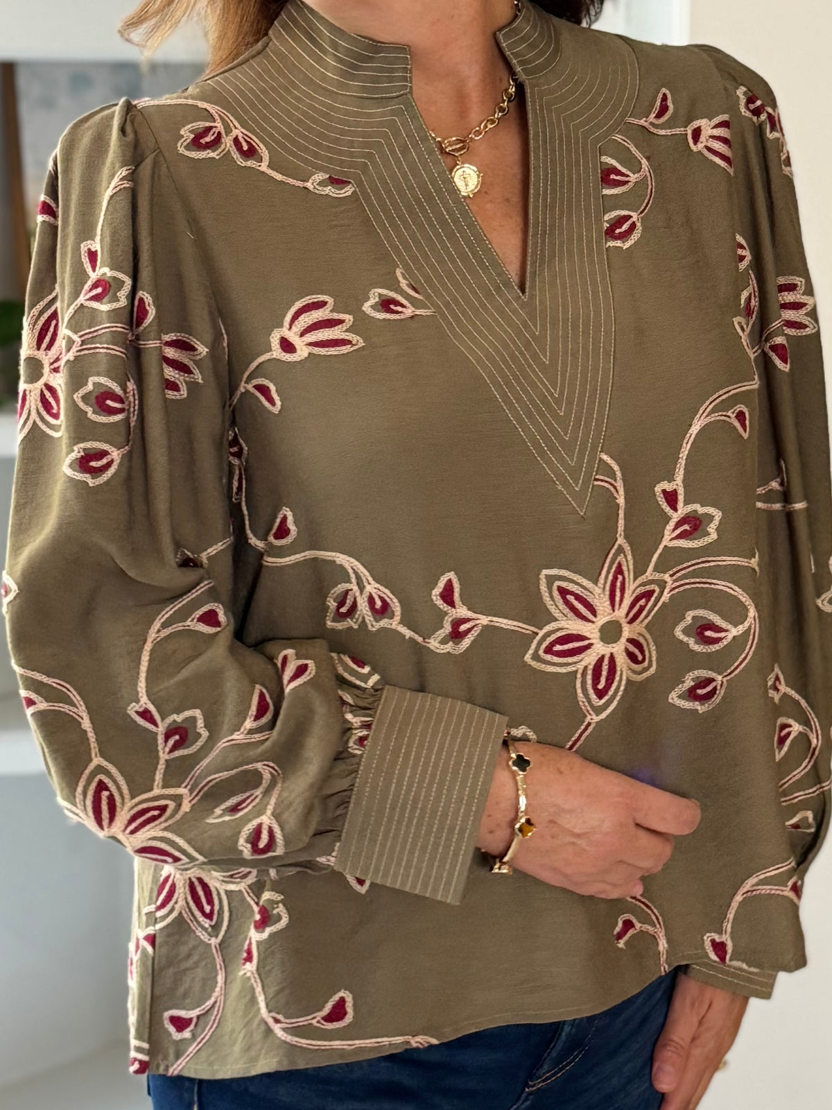 Remarkable Details Embroidered Blouse - Sage