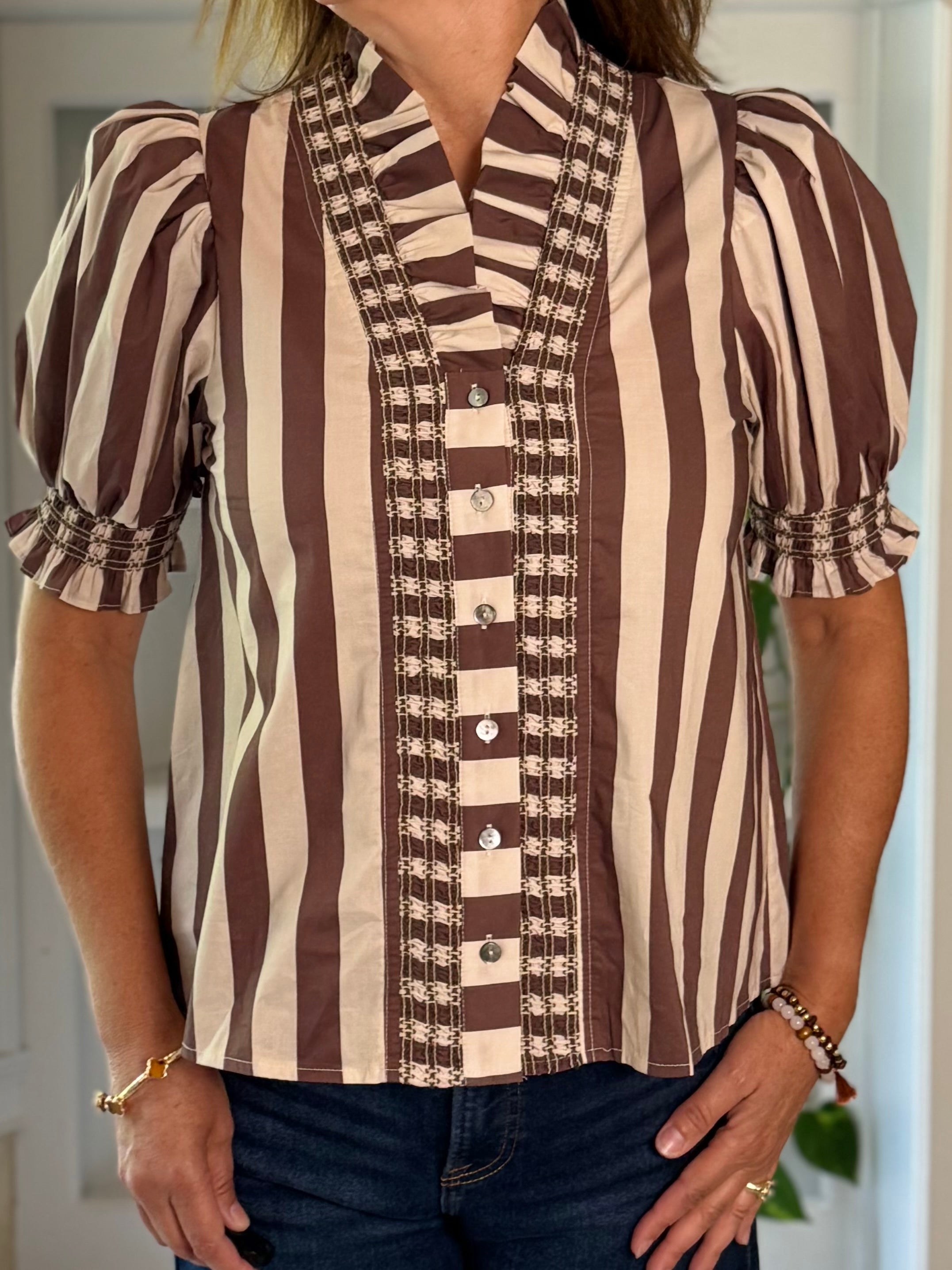 Love at First Stripe Top - Ecru/Brown