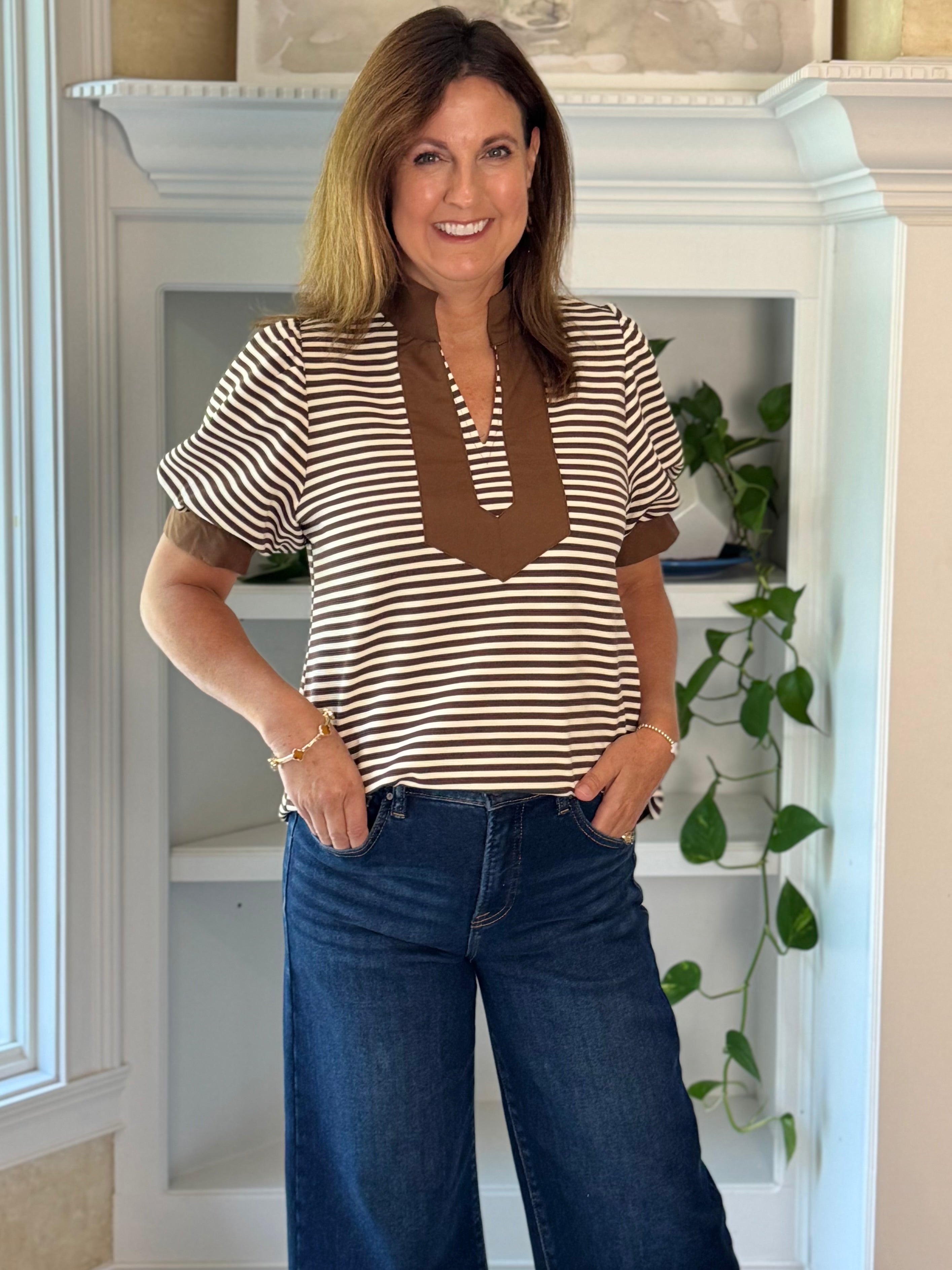 Timeless Contrast Top - Brown Stripes