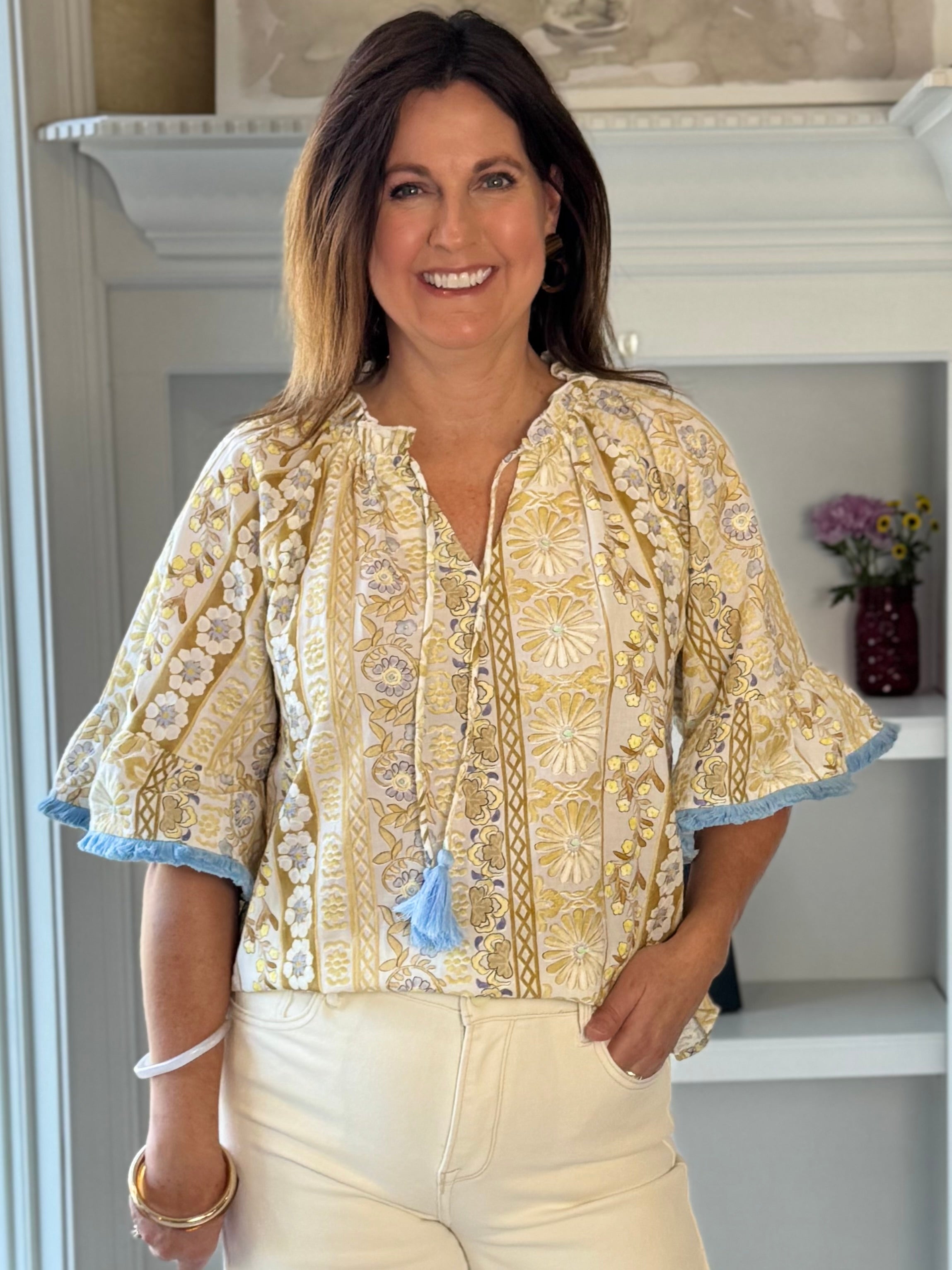 Quiet Charm Embroidered Tassel Top