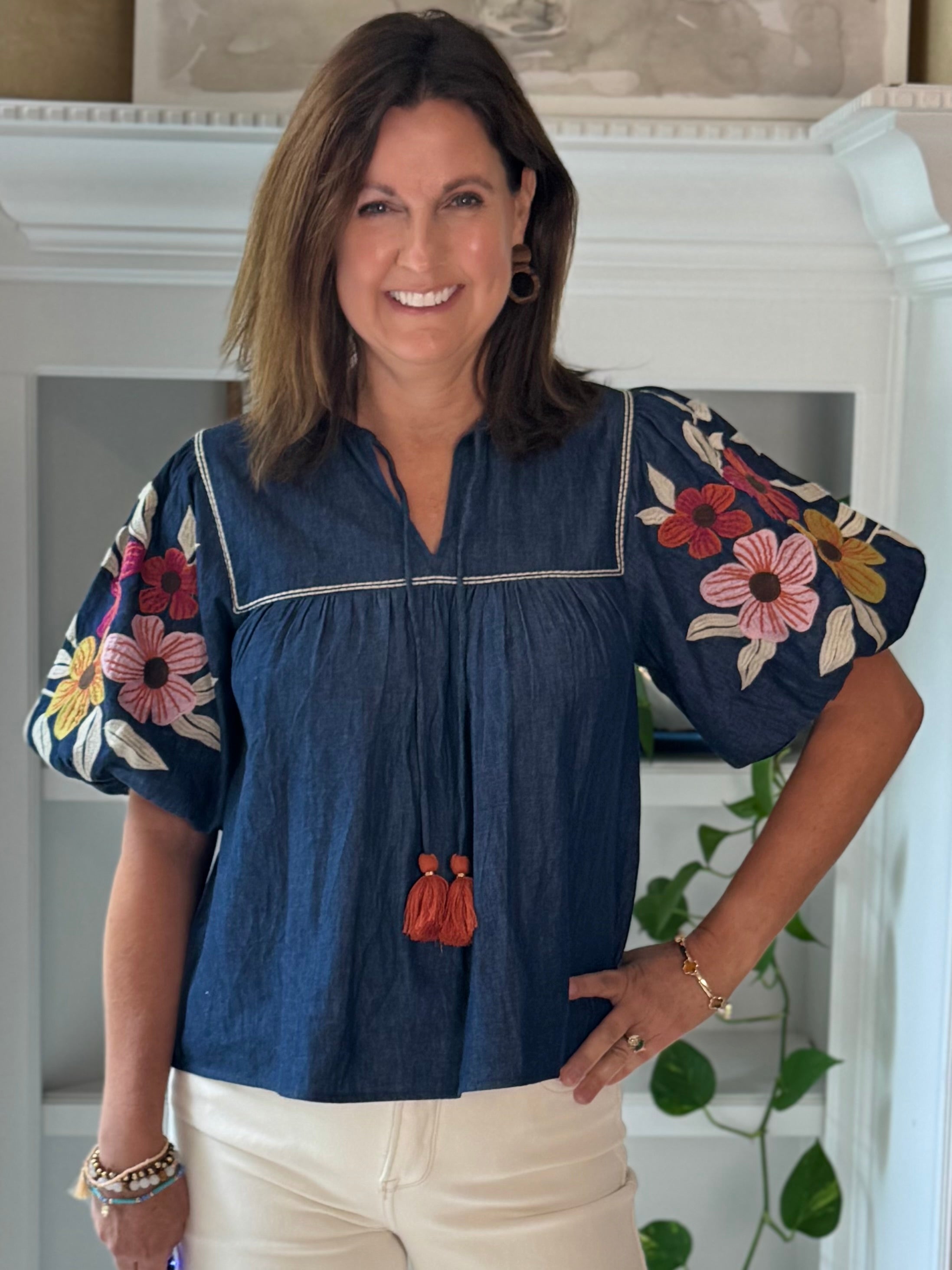 THML Denim in Bloom Embroidered Tassel Top