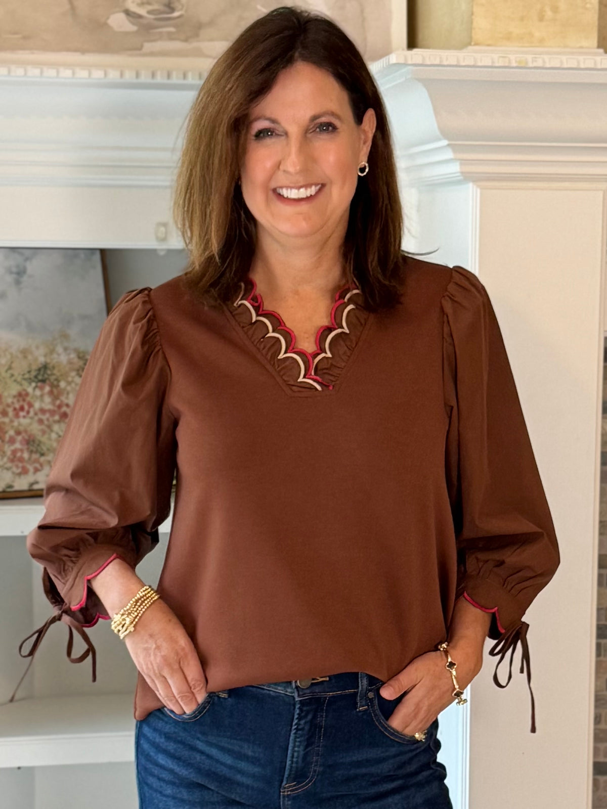 Scalloped Grace Long-Sleeve Top - Brown