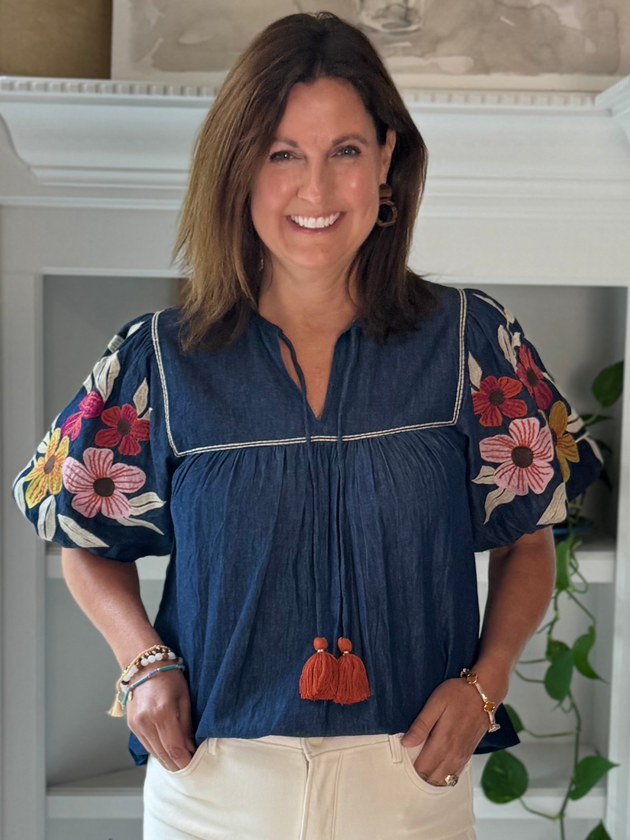 THML Denim in Bloom Embroidered Tassel Top