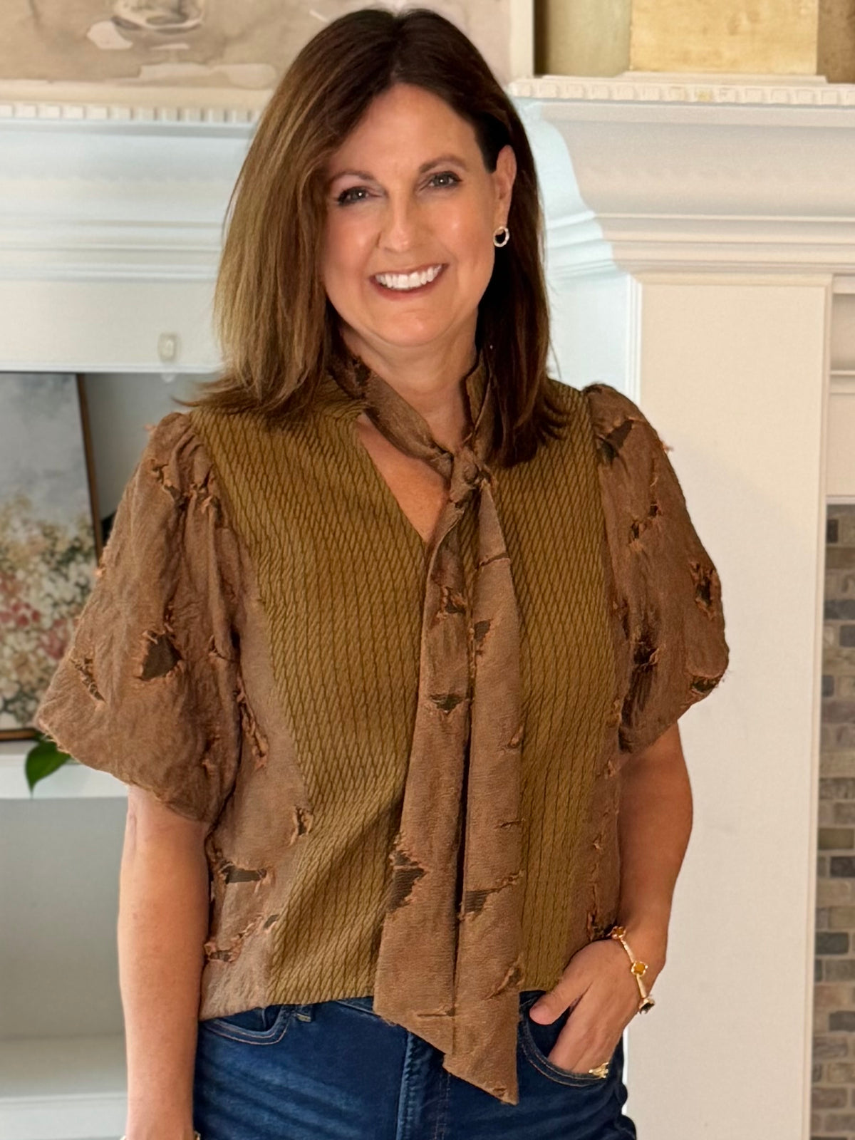 Textured Elegance Tie Blouse
