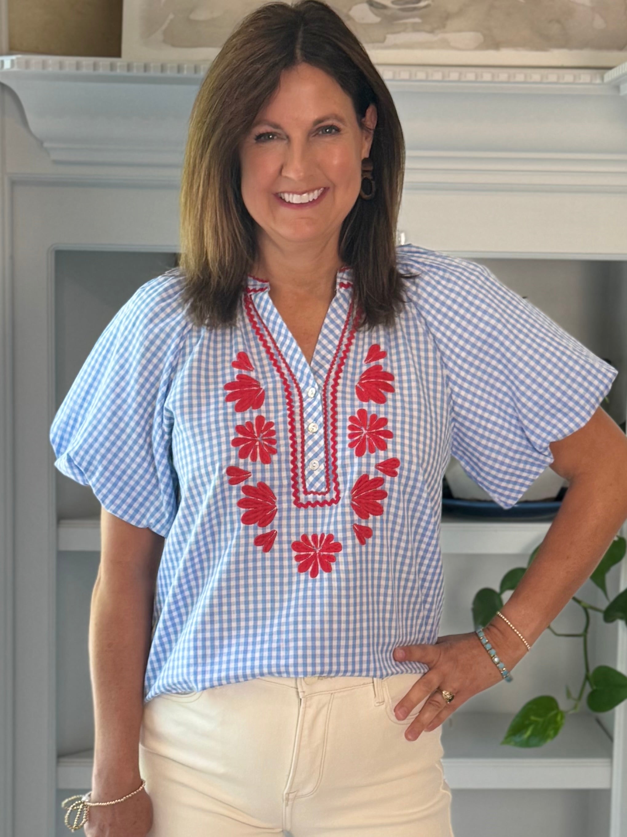 Summer Classic Gingham Embroidered Top - Blue