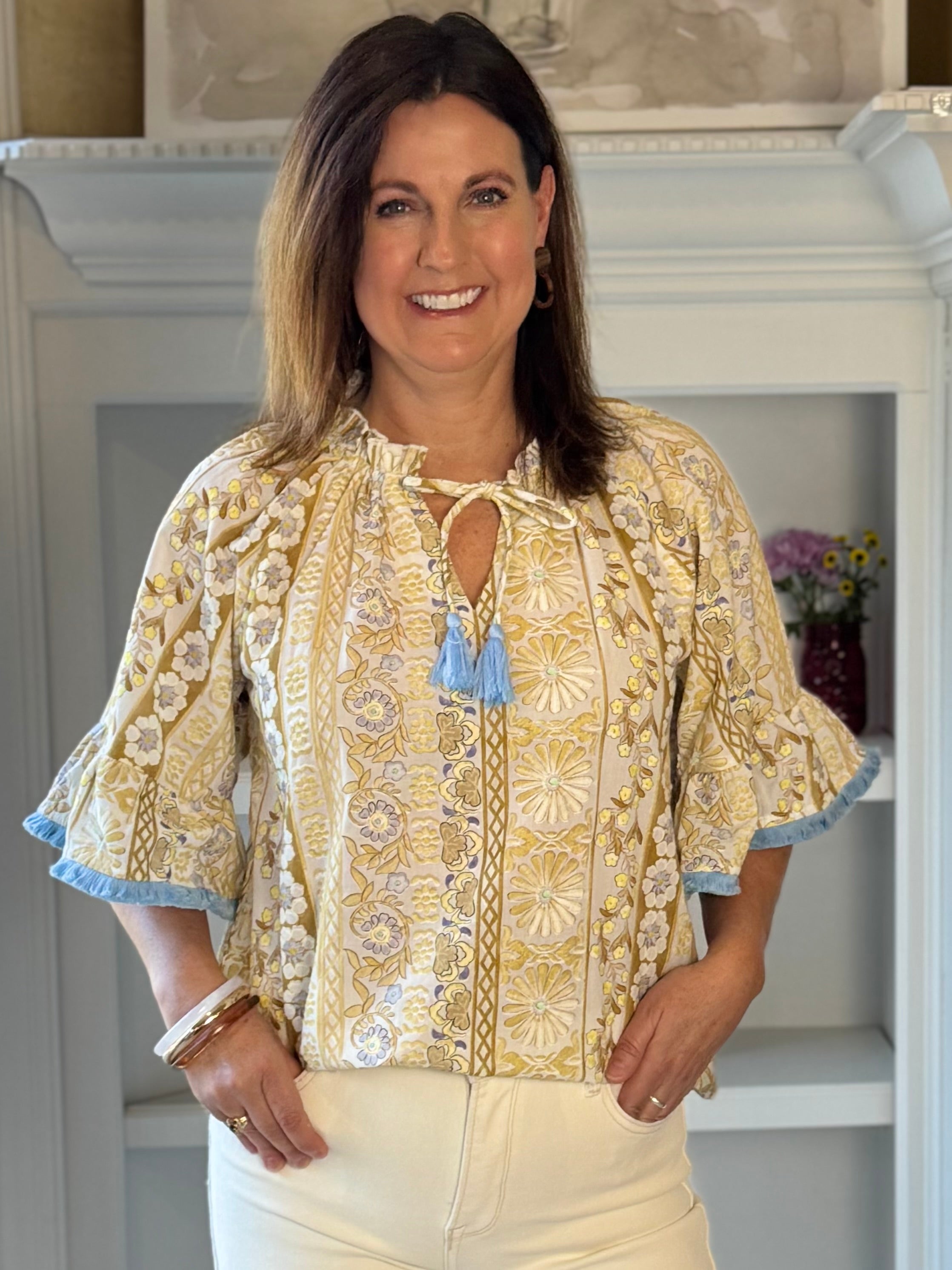 Quiet Charm Embroidered Tassel Top