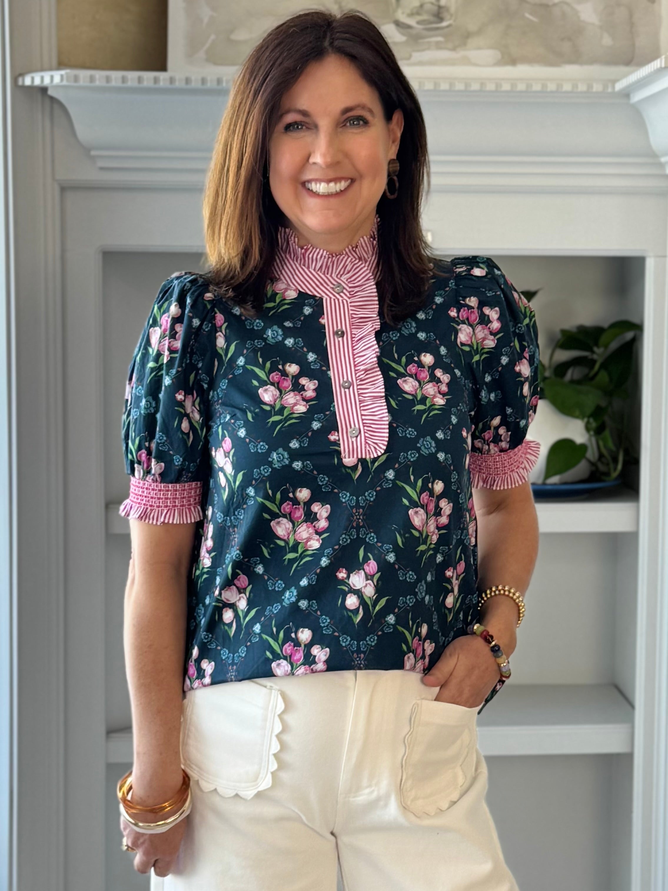 Standout Floral Detail Top - Navy