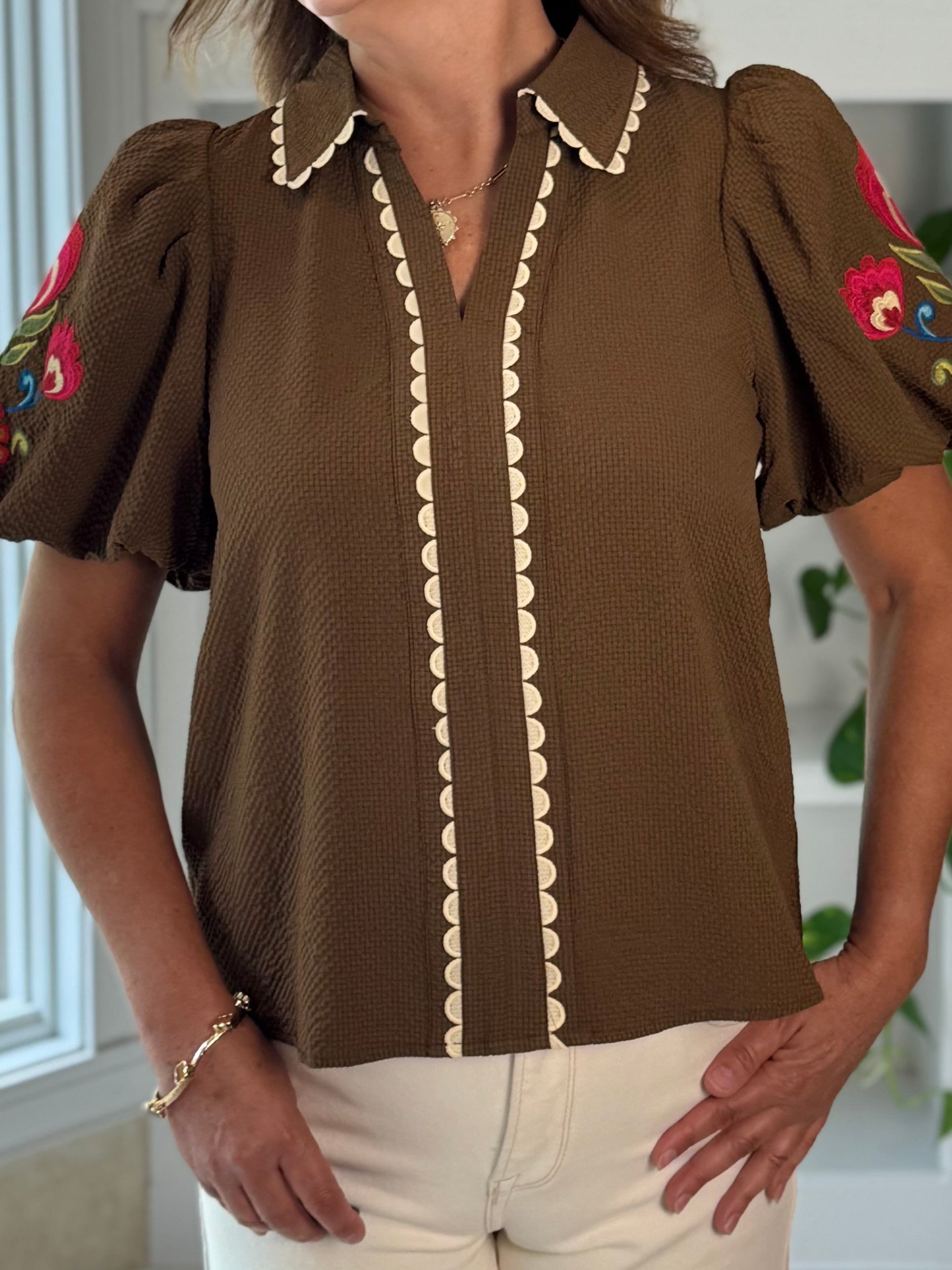 Embroidered Charm Top - Brown