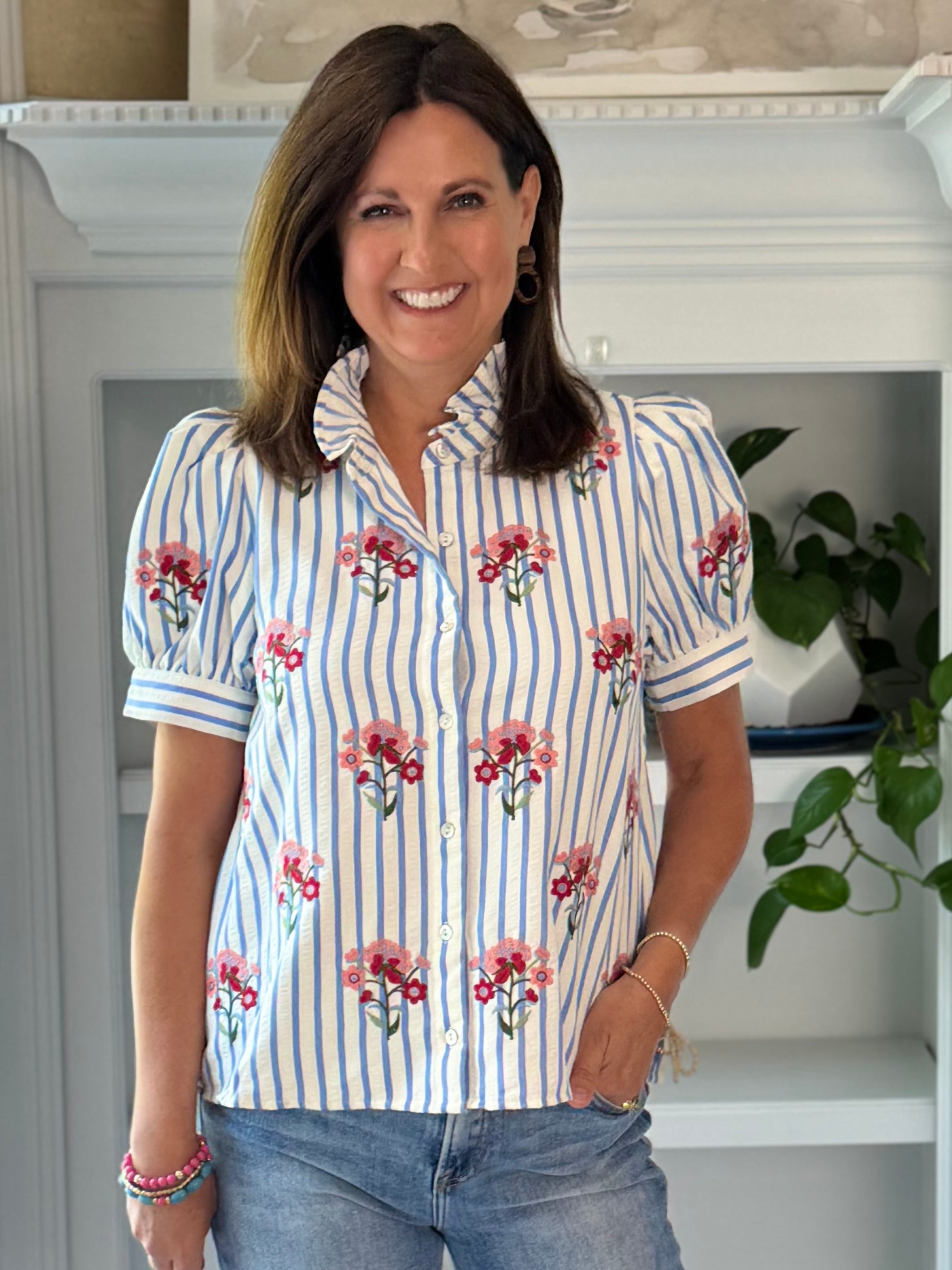 Floral & Stripes Embroidered Top