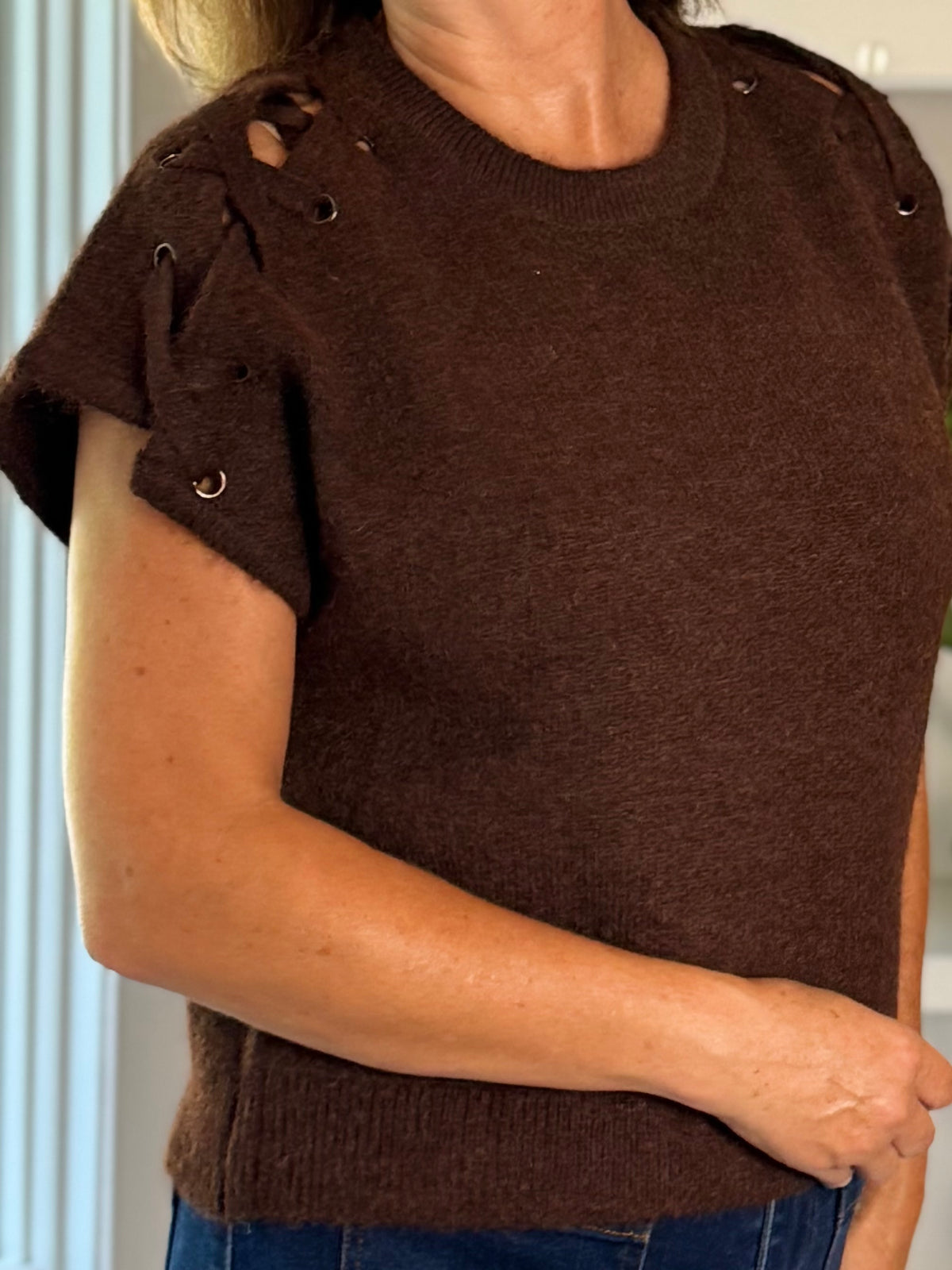 Lace It Up Knit Top - Brown