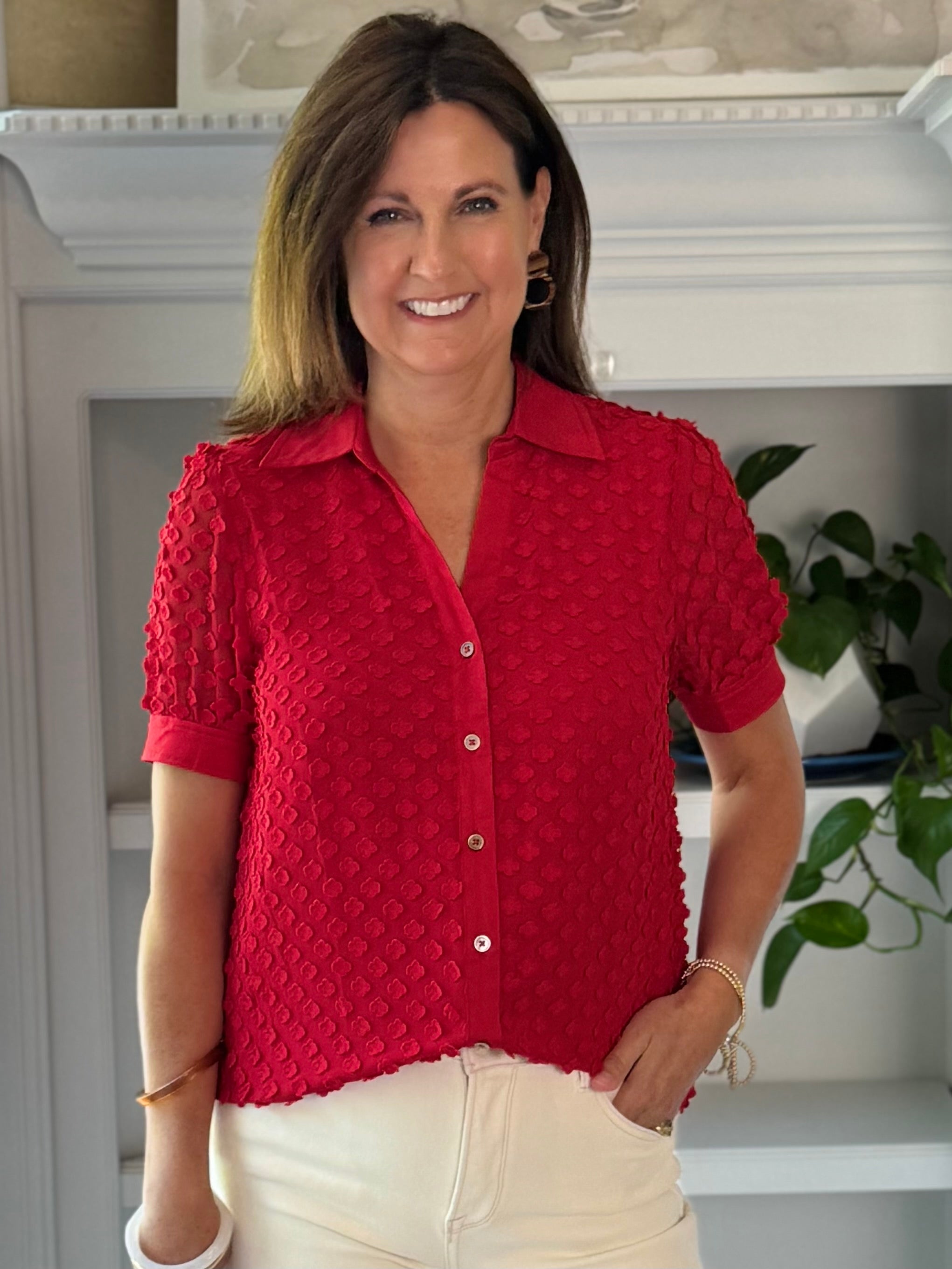 Current Air Striking Red Textured Blouse