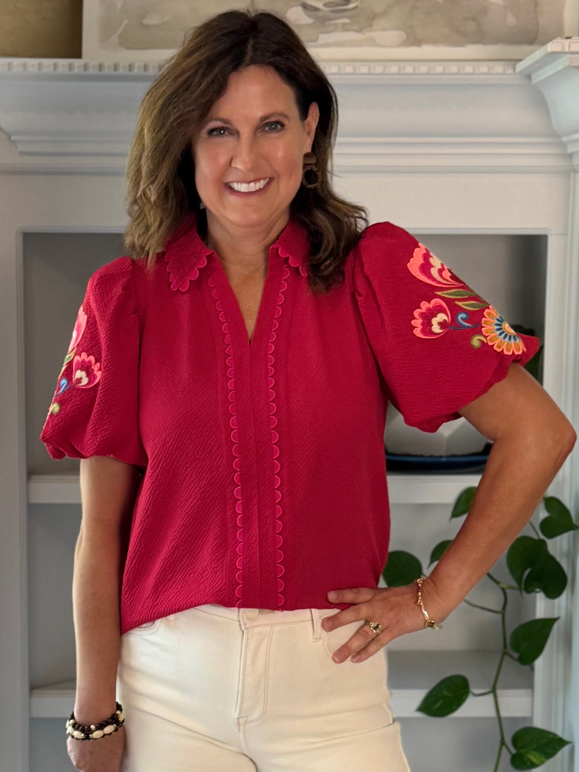 Embroidered Charm Top - Red