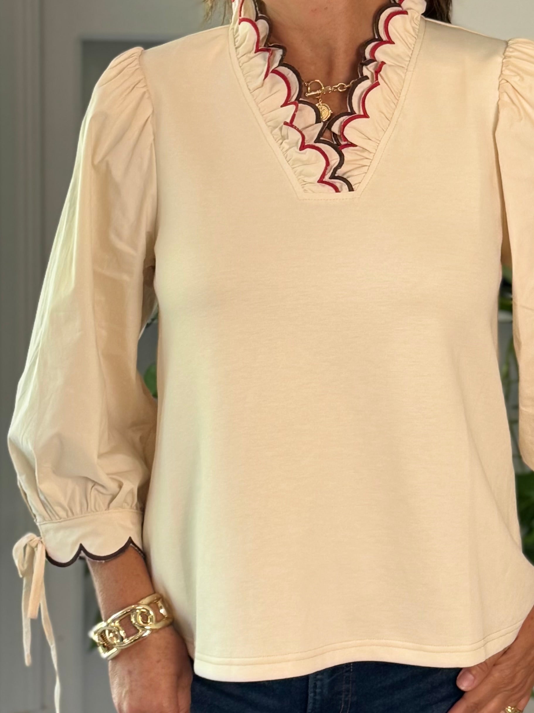 Scalloped Grace Long-Sleeve Top - Ivory