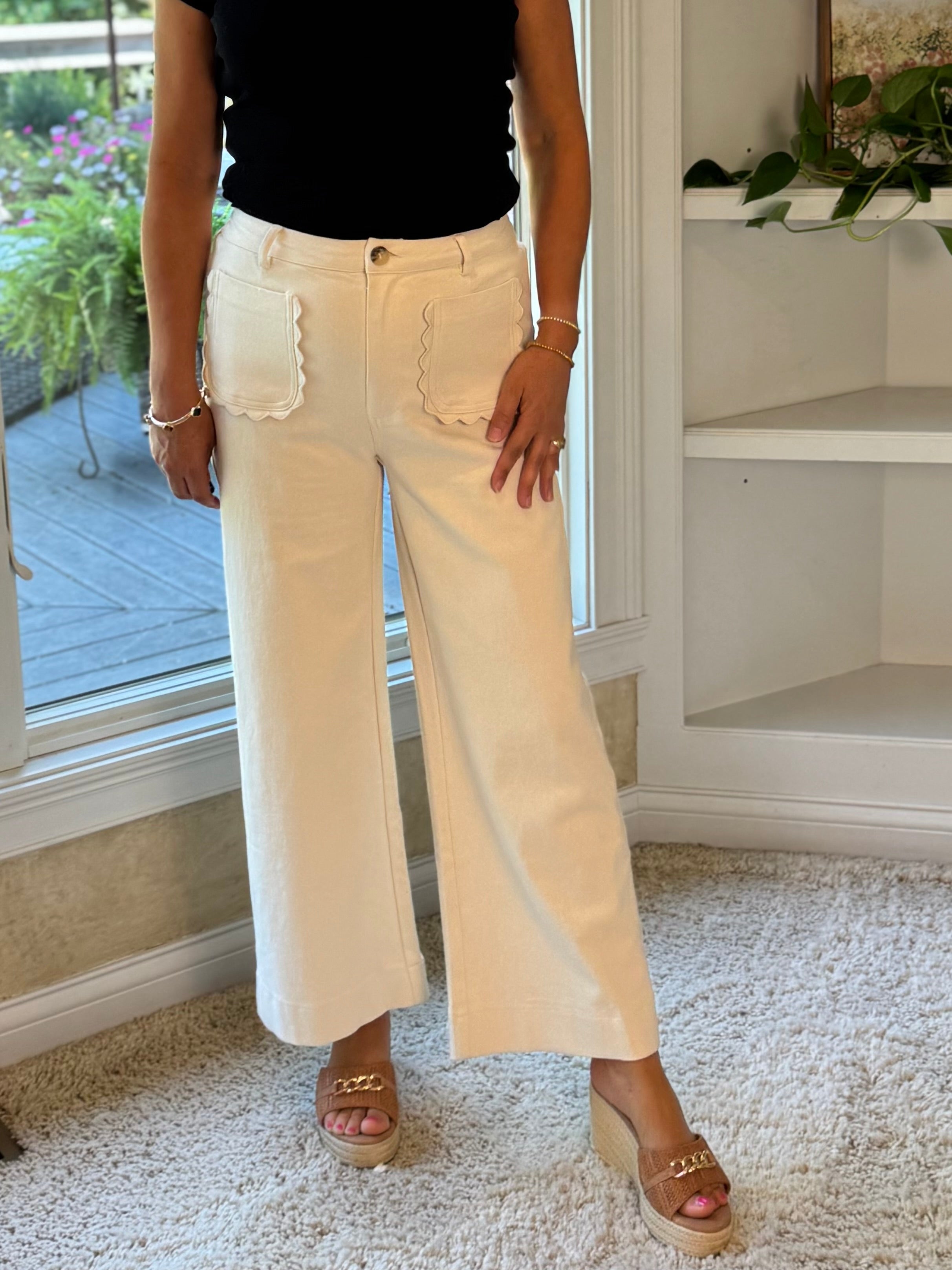 Scallop Pocket High-Rise Wide Leg Ankle Pants - Ecru