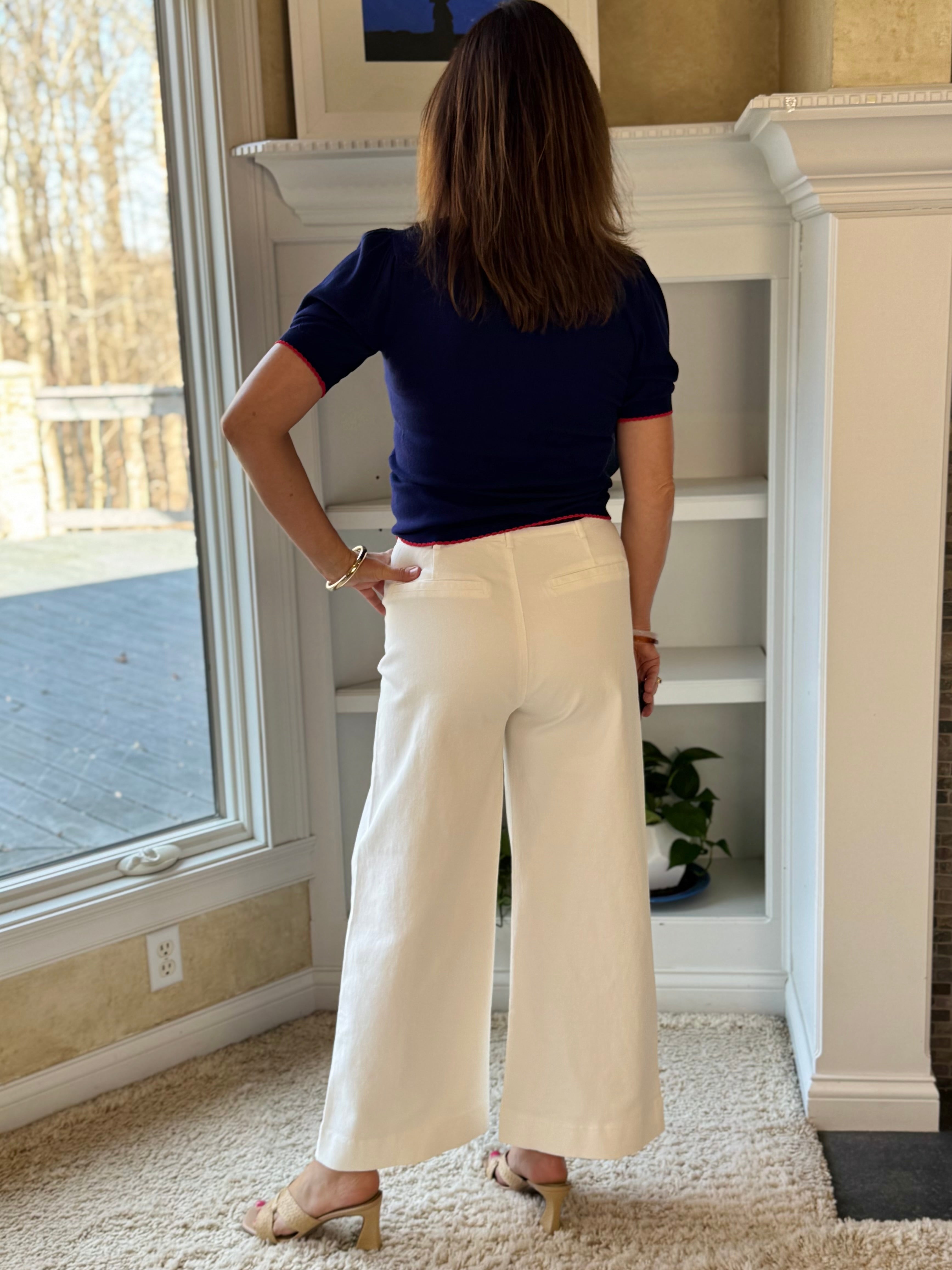 Scallop Pocket High-Rise Wide Leg Ankle Pants - Off-White