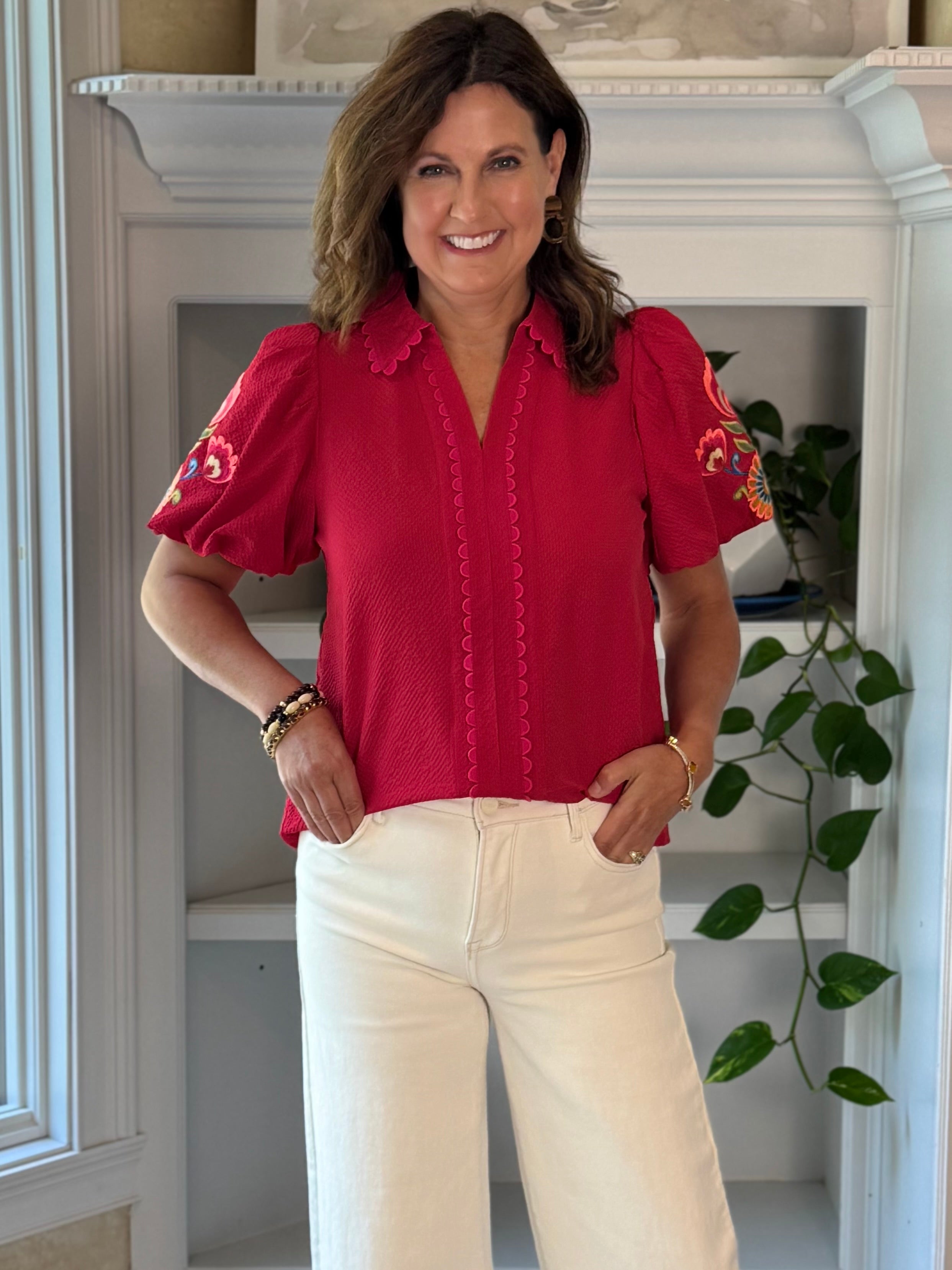 Embroidered Charm Top - Red