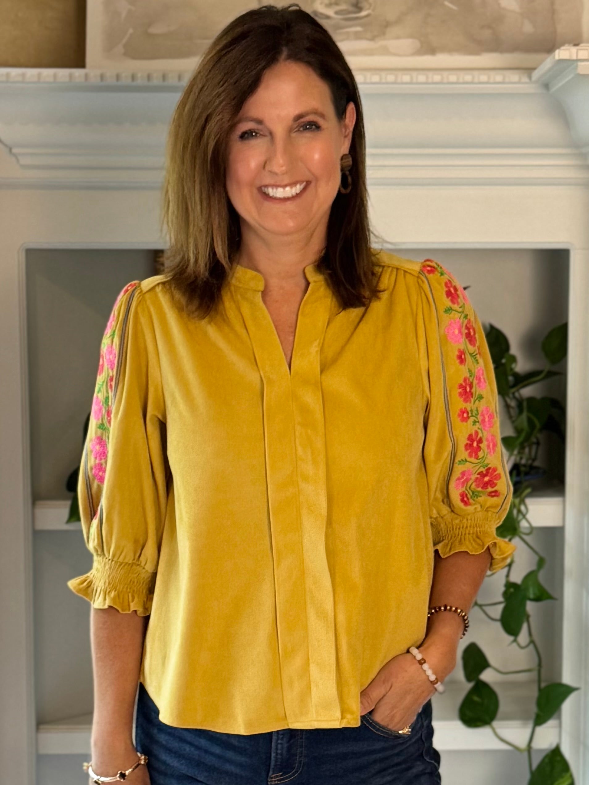 Flower Trail Embroidered Corduroy Top