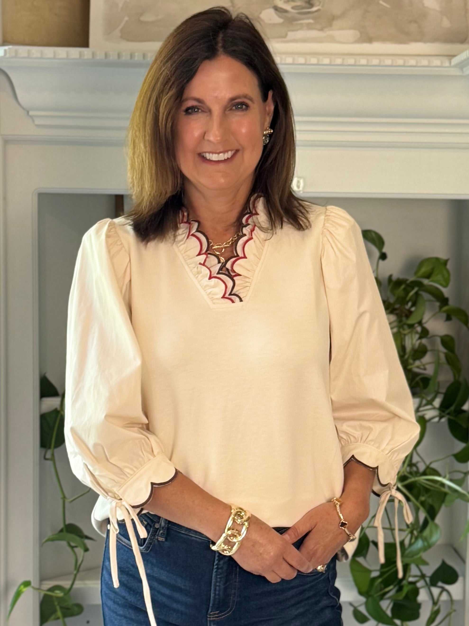 Scalloped Grace Long-Sleeve Top - Ivory