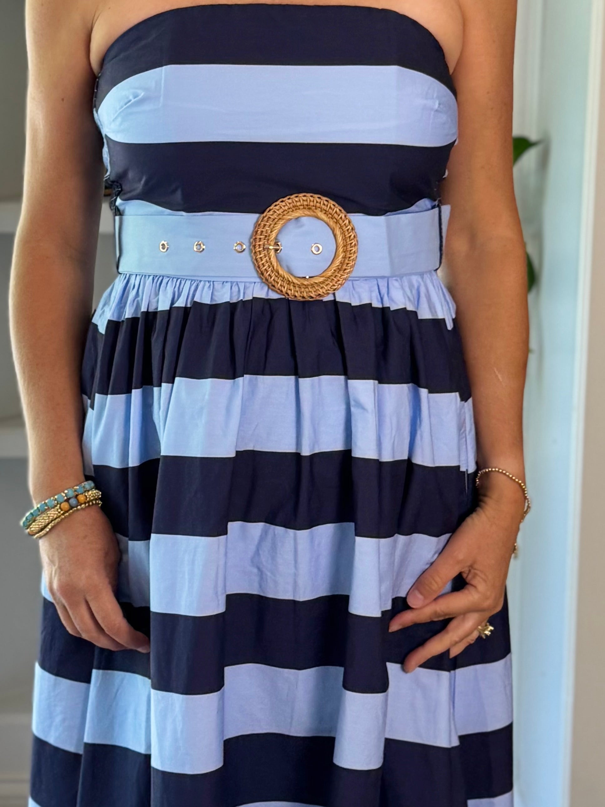 Harbor Striped Strapless Midi Dress