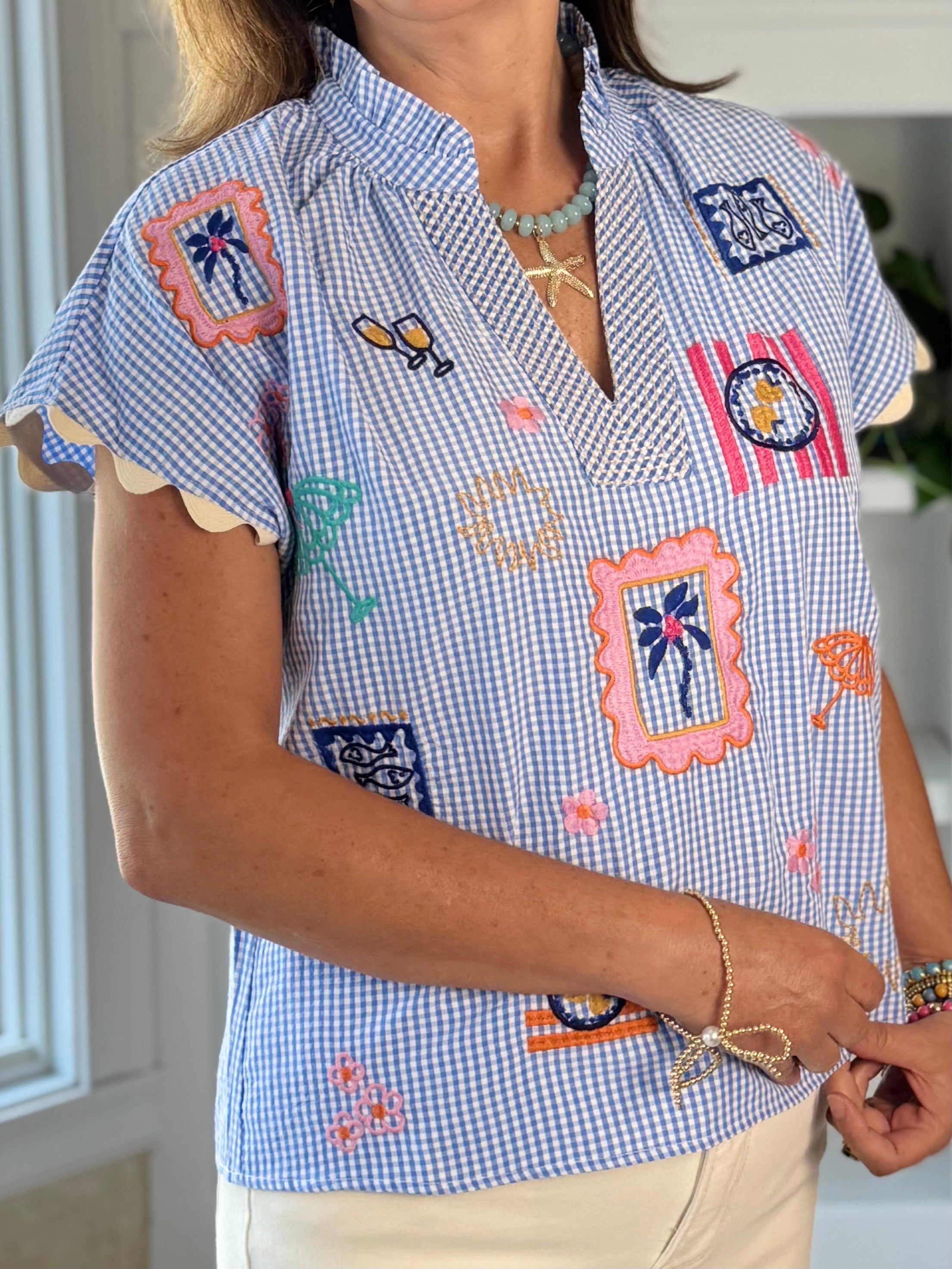THML Bon Voyage Embroidered Top - Gingham