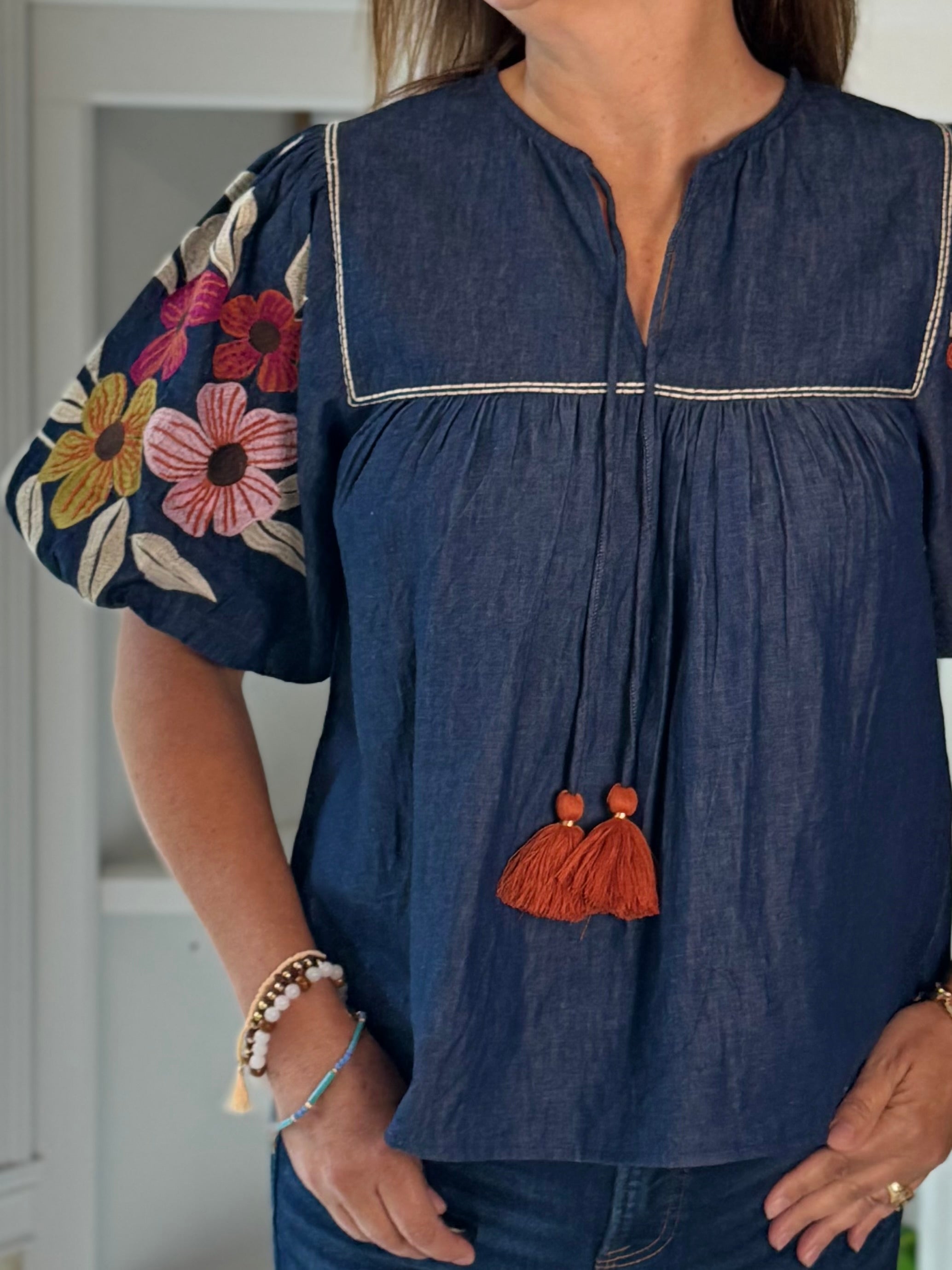 THML Denim in Bloom Embroidered Tassel Top