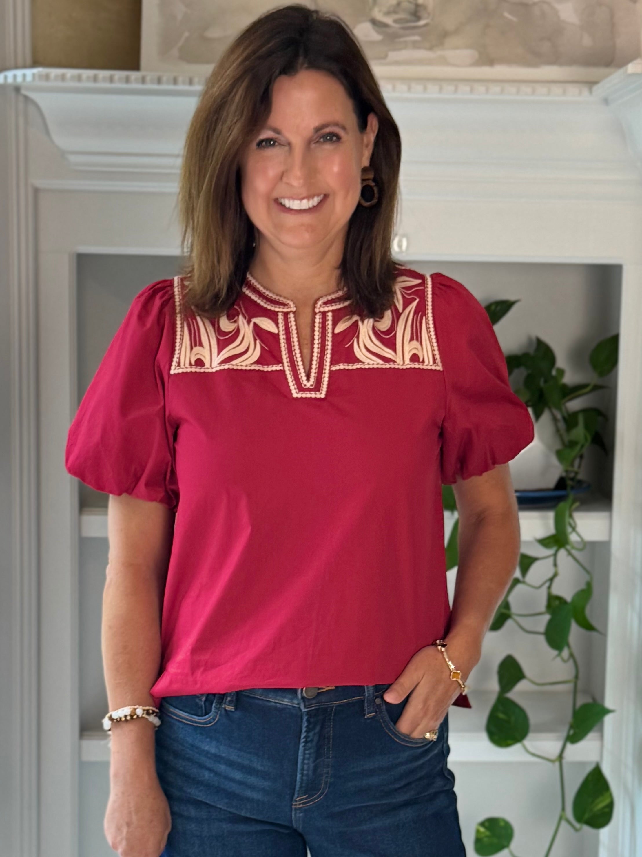 Autumn Ember Embroidered Top - Wine