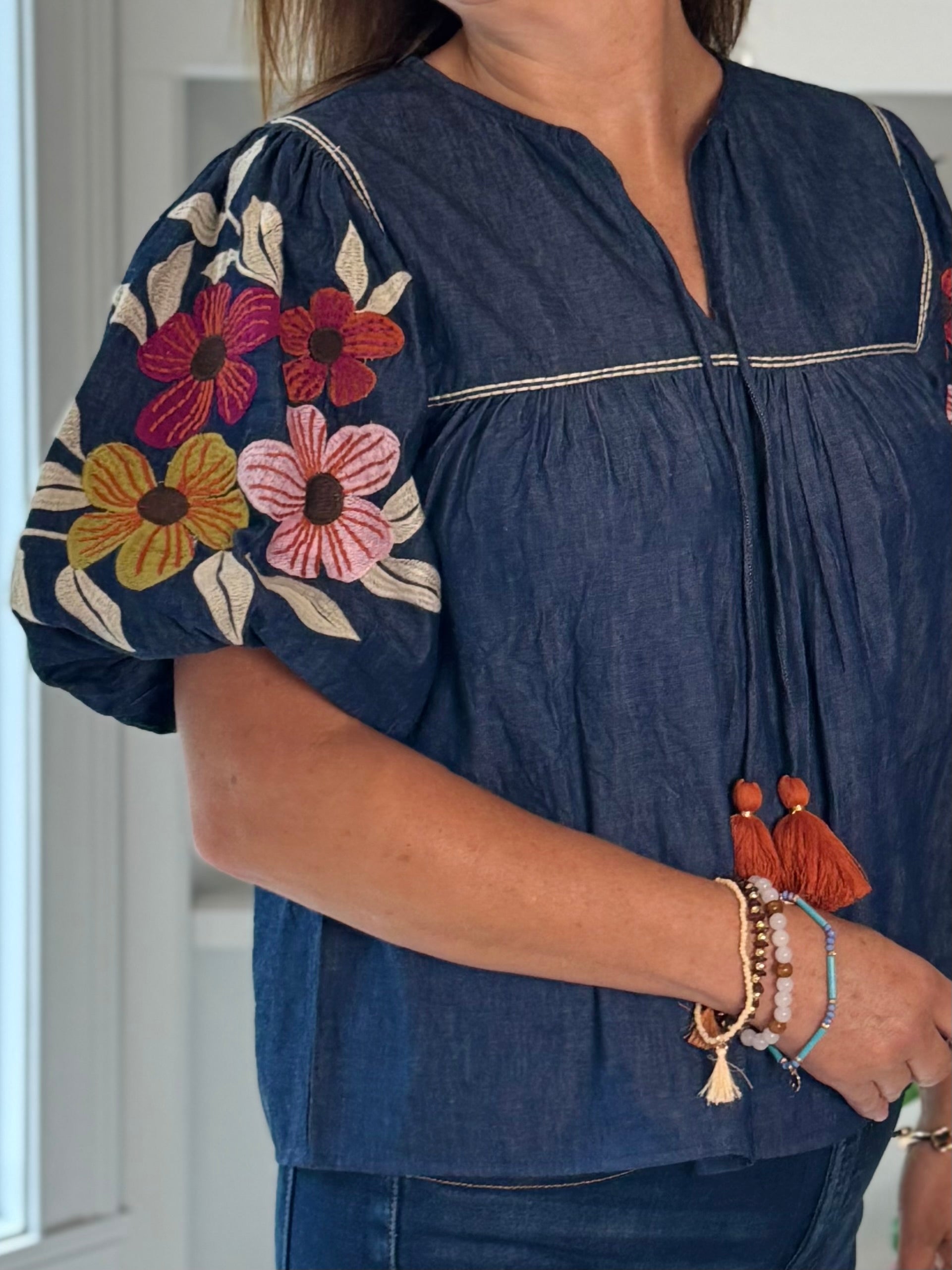THML Denim in Bloom Embroidered Tassel Top