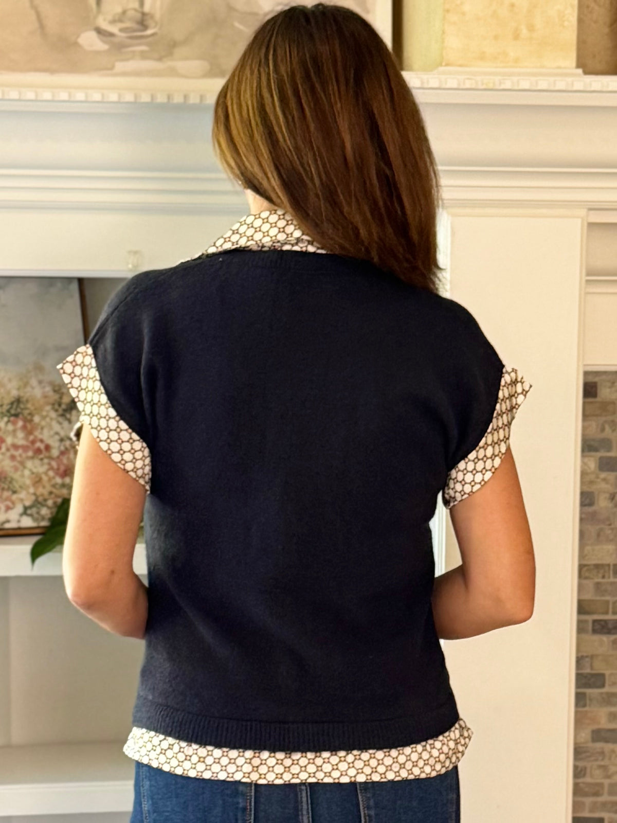 THML Peek of Print Knit Top - Navy