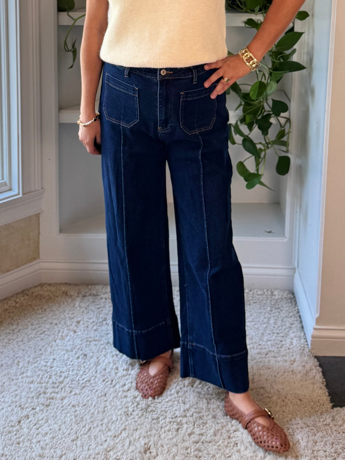 Modern Cuff Wide Leg Ankle Jeans - Dark Wash