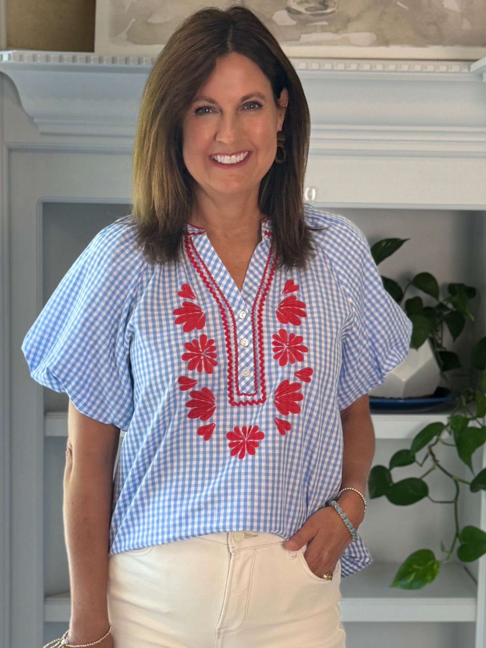 Summer Classic Gingham Embroidered Top - Blue