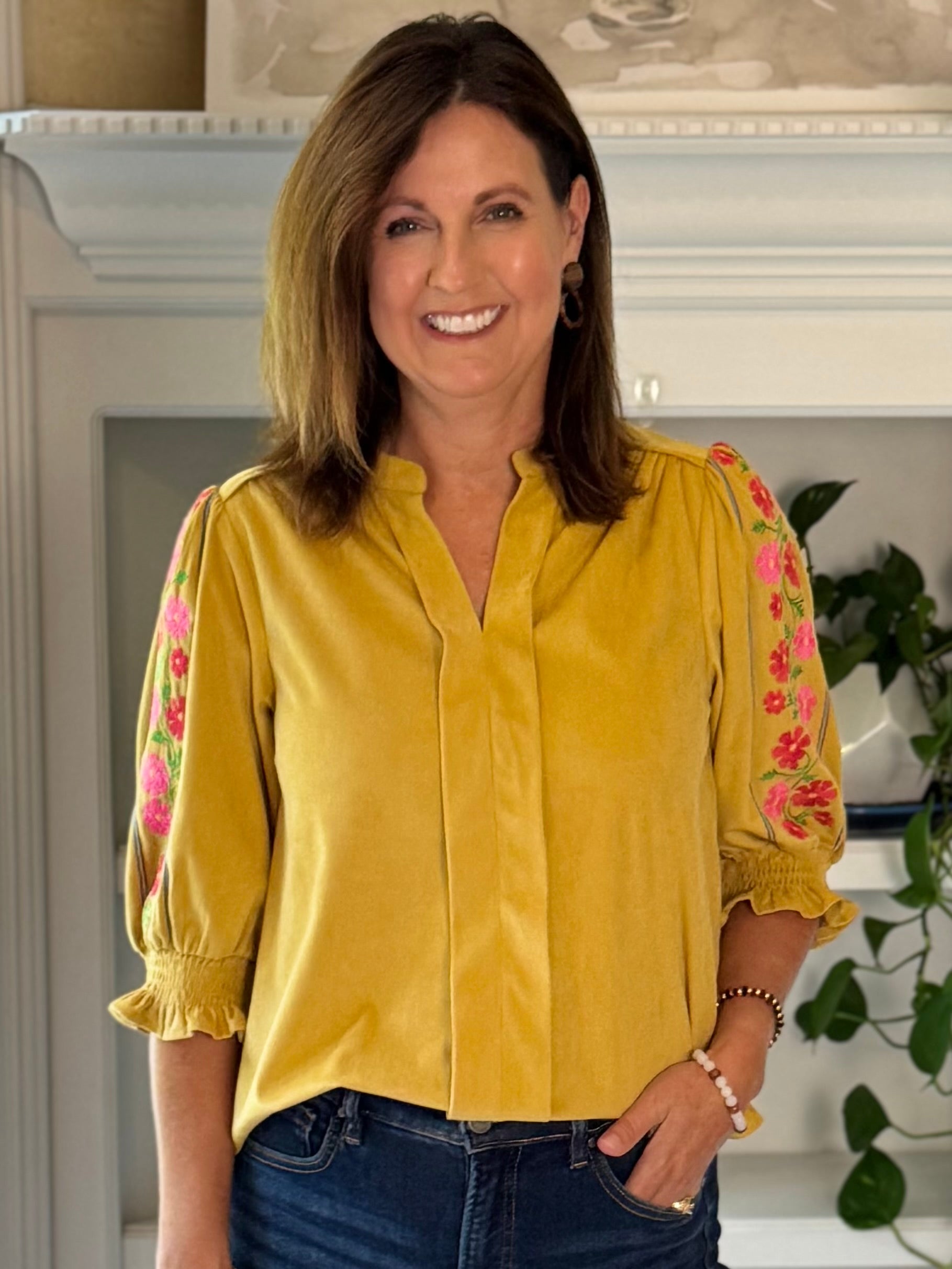 Flower Trail Embroidered Corduroy Top