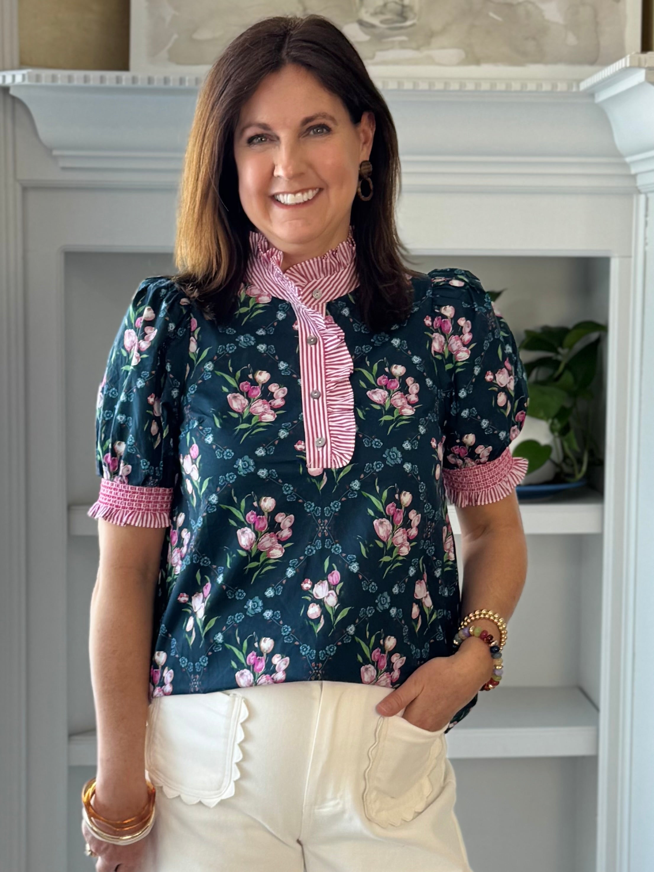 Standout Floral Detail Top - Navy