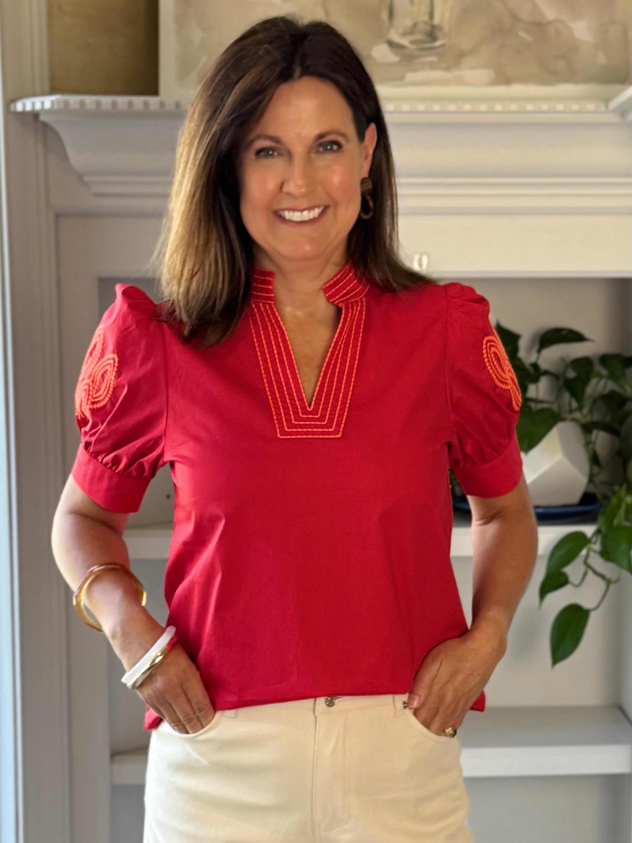 Statement Red Embroidered Top
