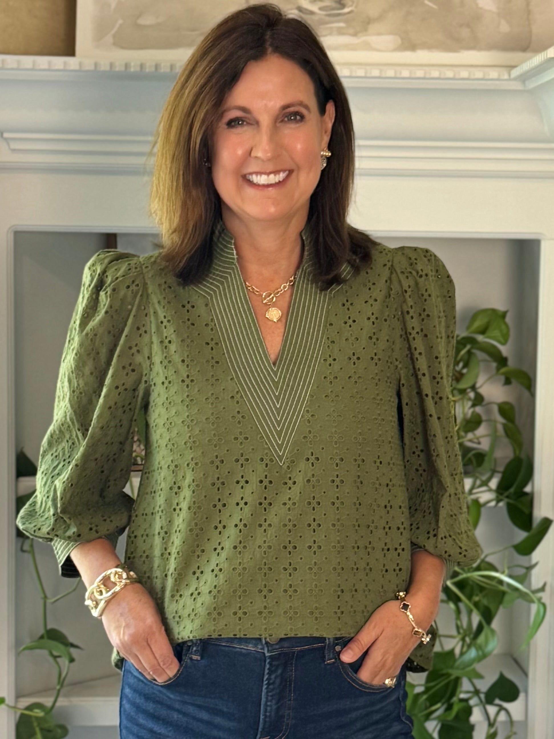 Olive Allure Eyelet Top
