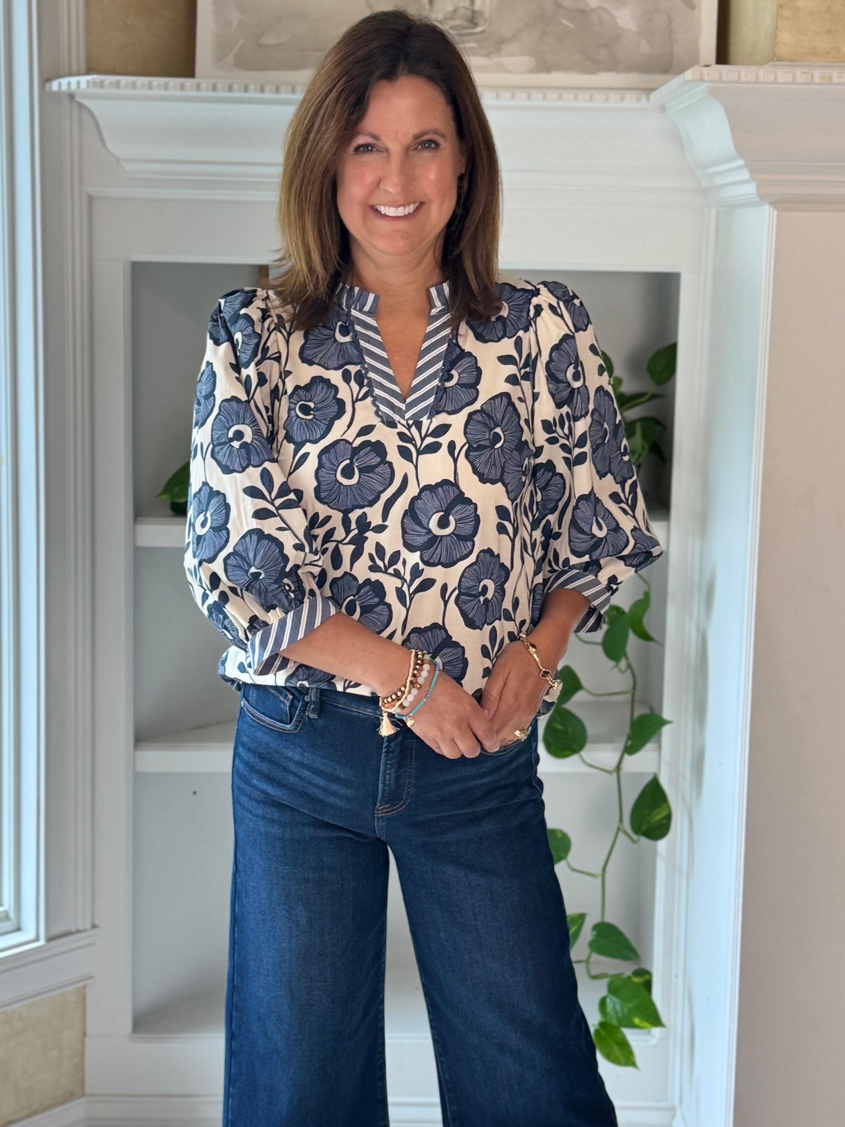 True Blue Floral Contrast Top