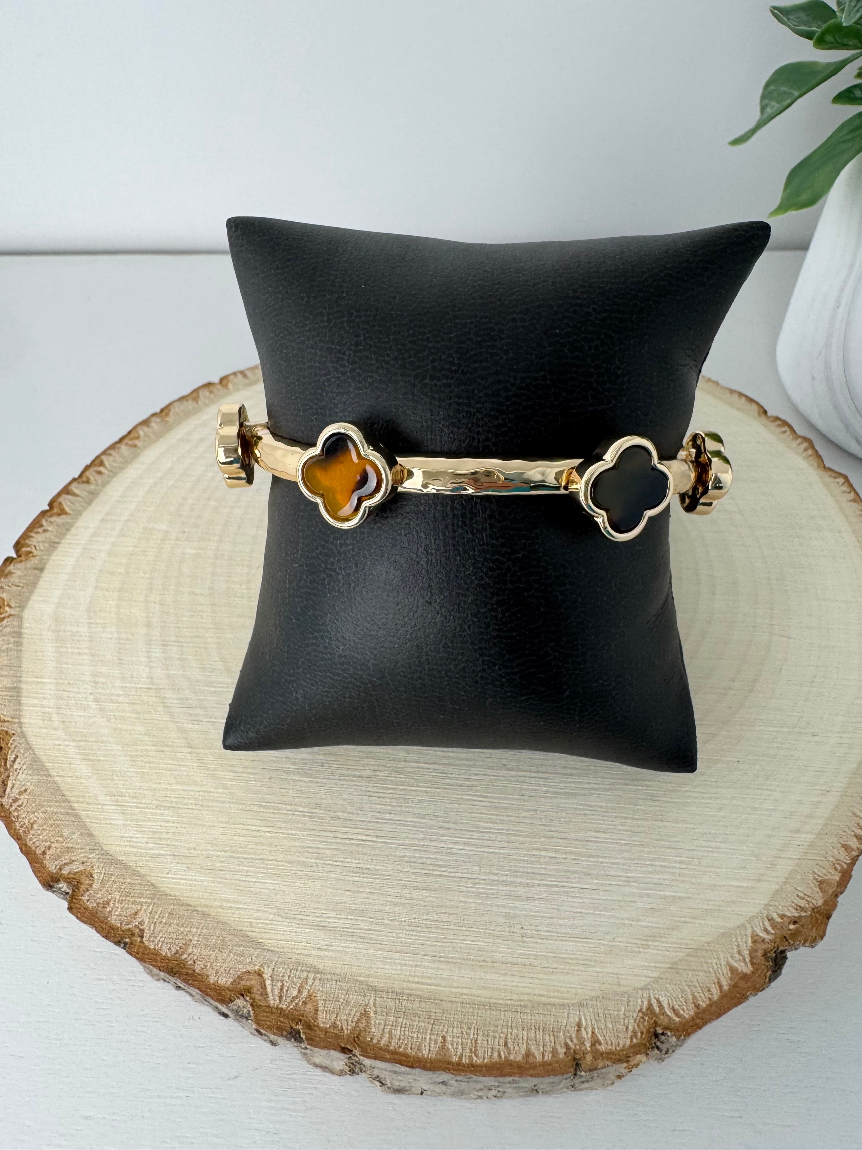Clover Gold Stretch Bracelet - Brown Tones