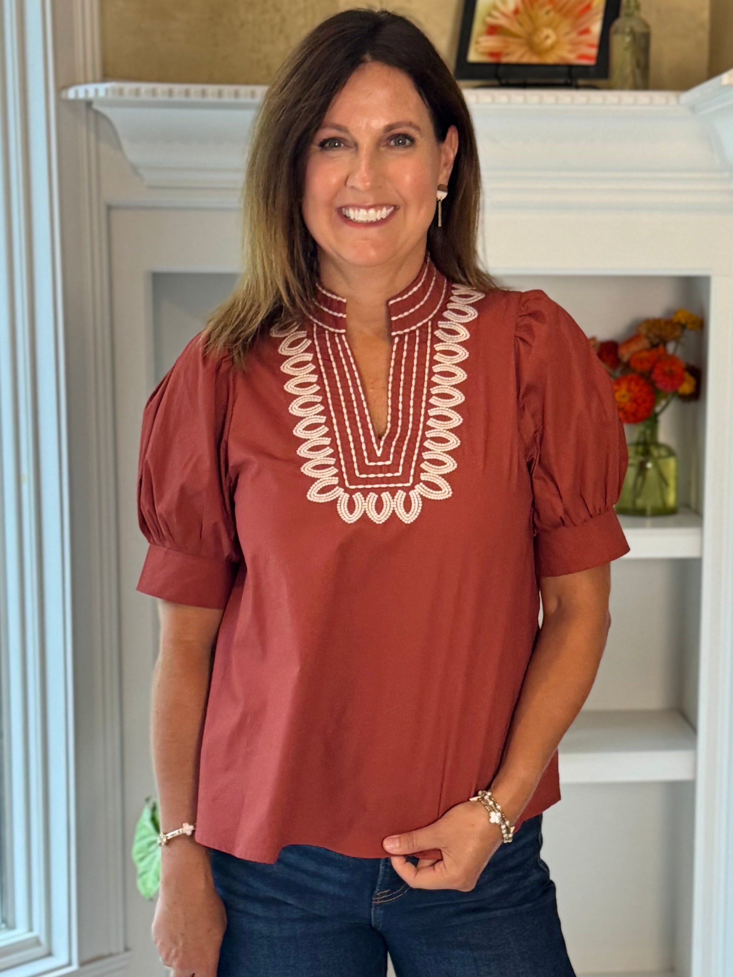 Radiance Embroidered Top - Burnt Orange