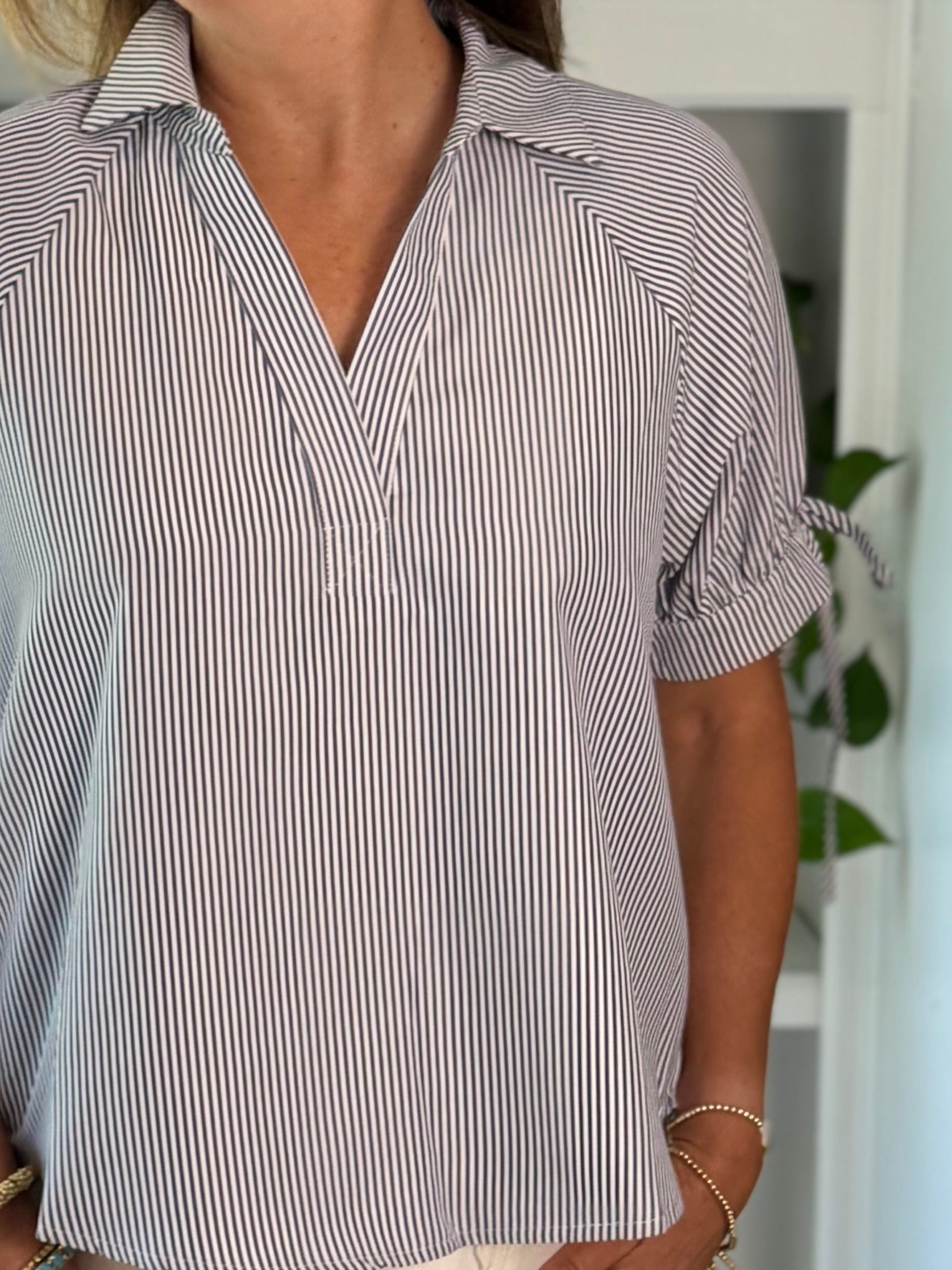 Striped Charm Tie-Detail Top - Navy