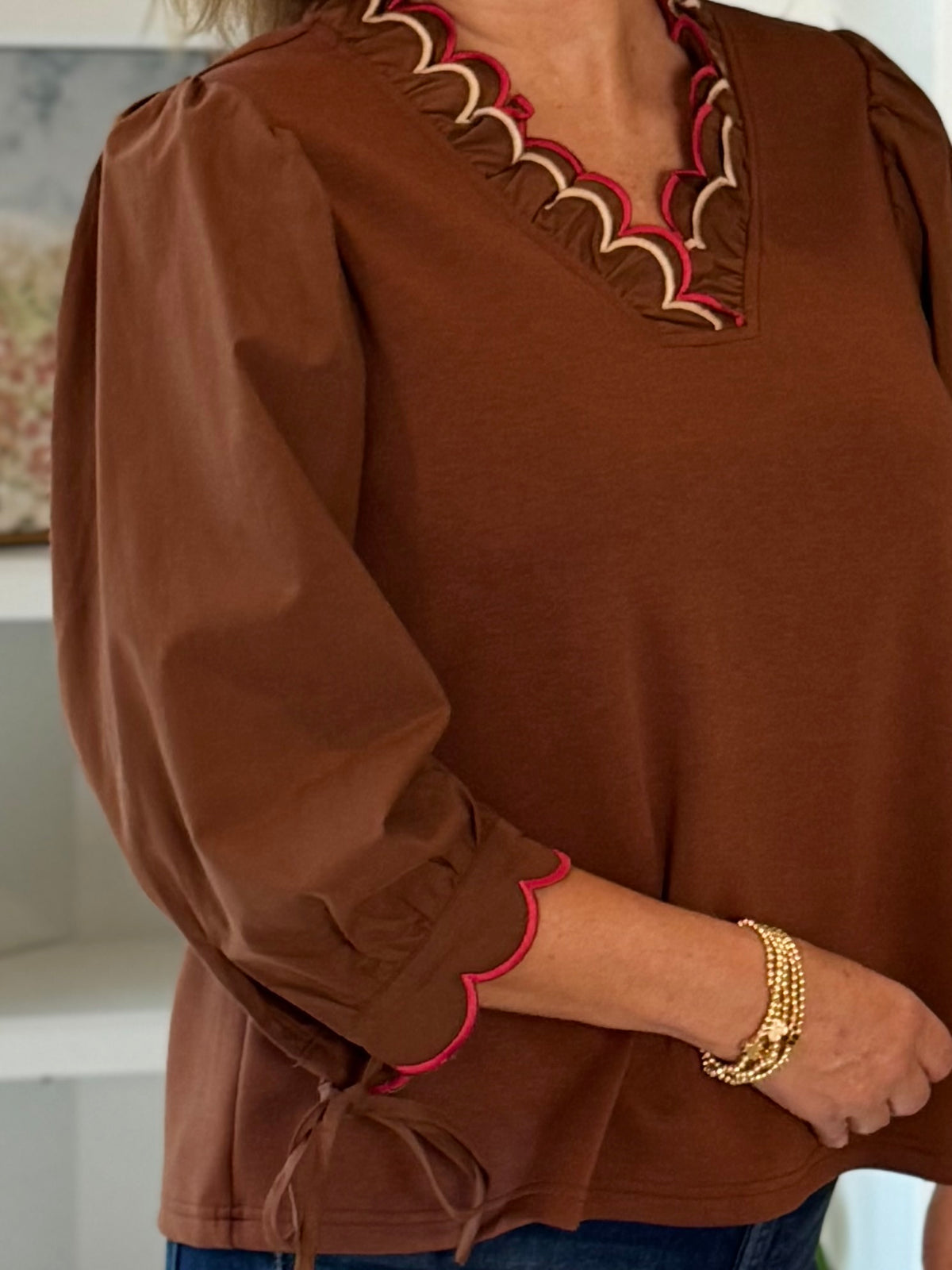 Scalloped Grace Long-Sleeve Top - Brown