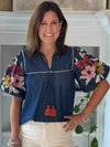 THML Denim in Bloom Embroidered Tassel Top