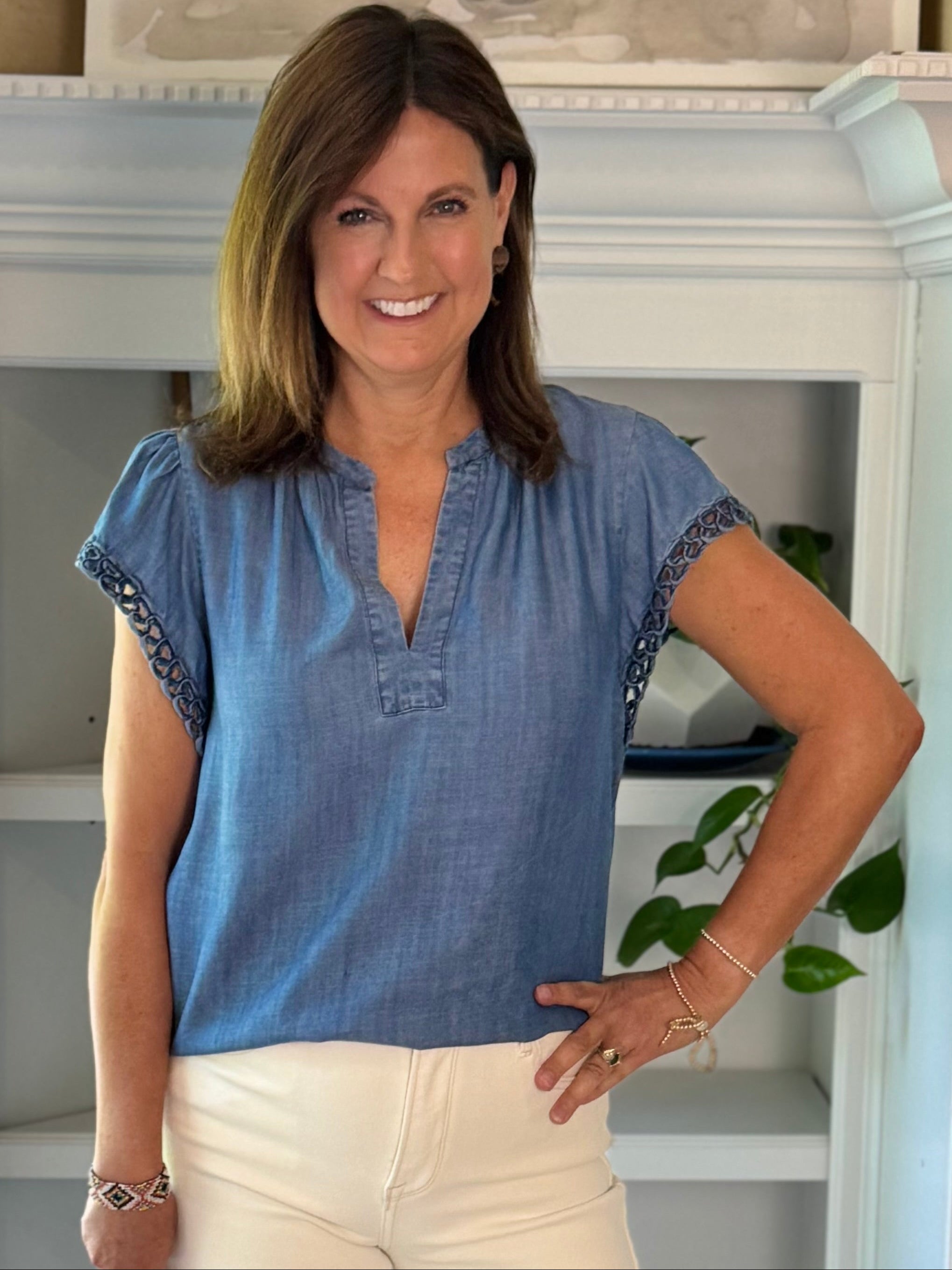 Current Air Chambray Crochet Sleeve Top