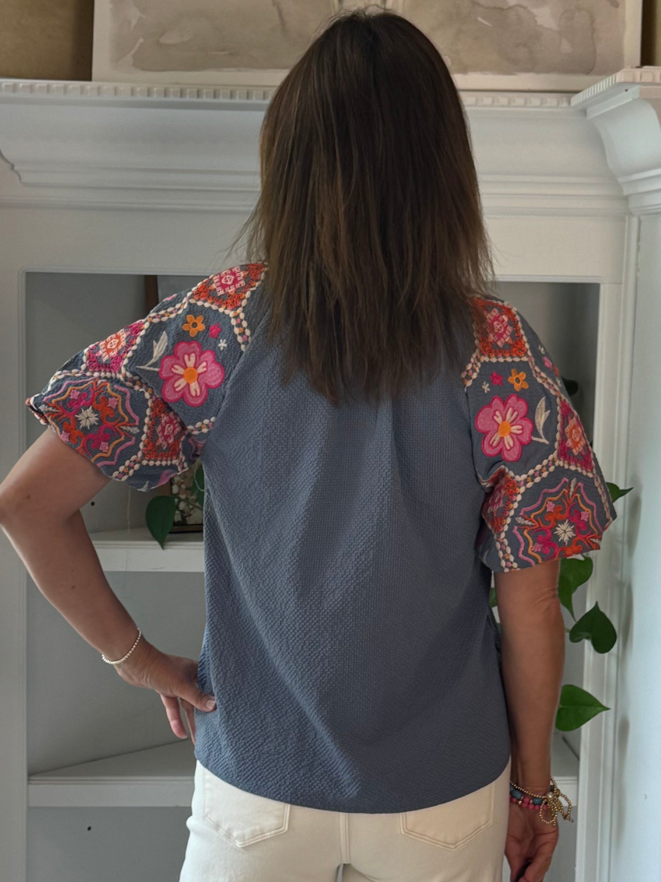 THML Floral Mosaic Embroidered Top